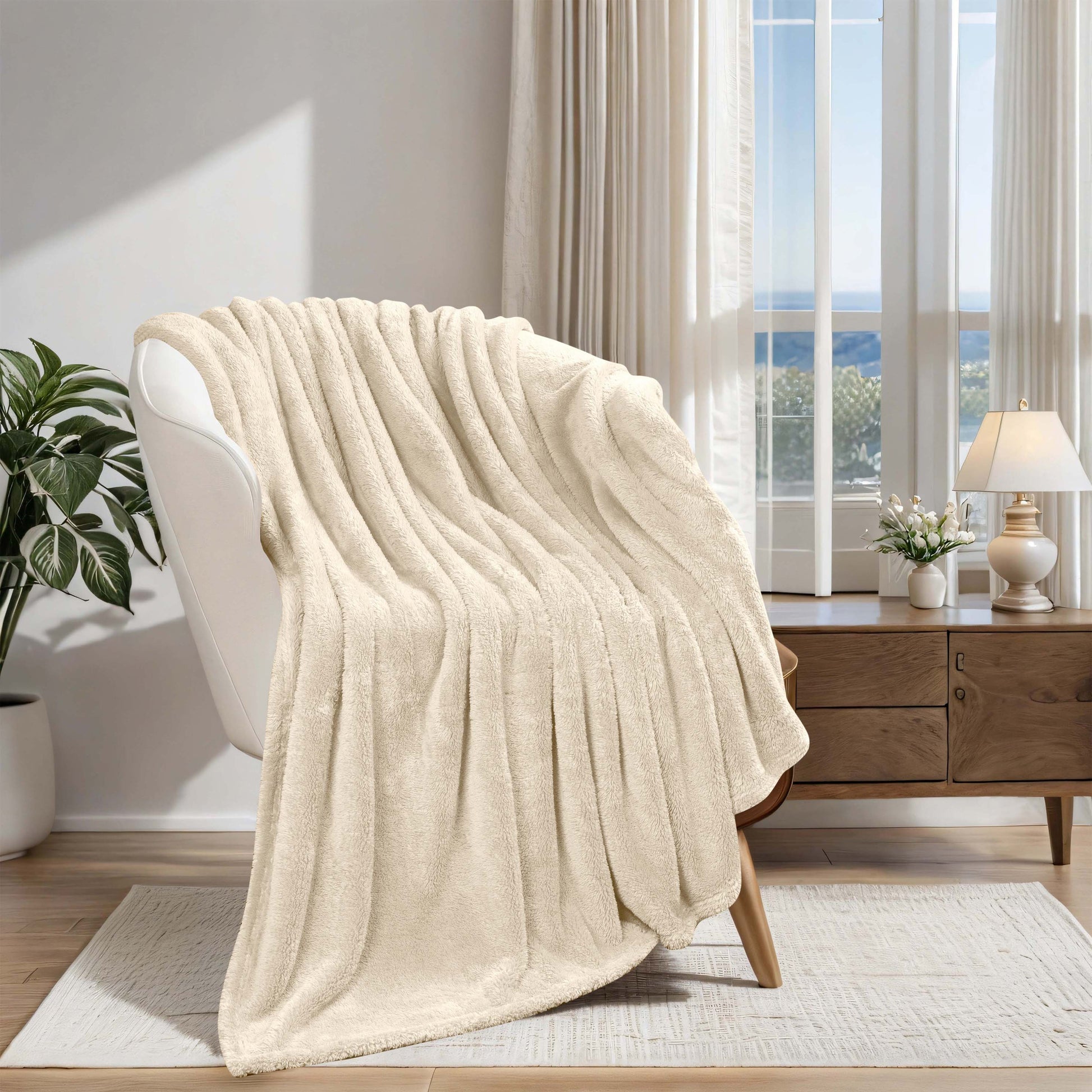 Fleece Plush Medium Weight Fluffy Soft Solid Decorative Blanket - Ivory