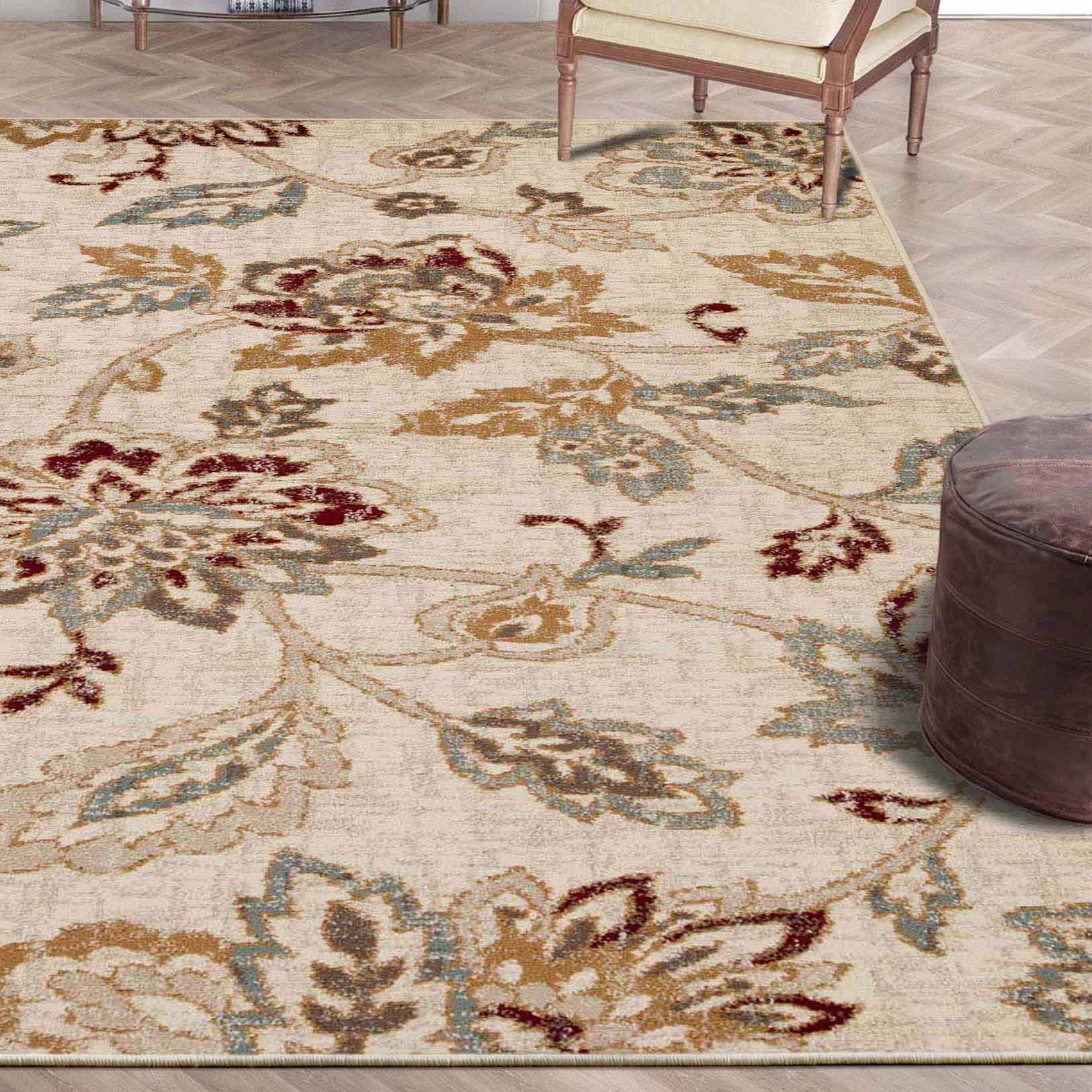 Jacobean Floral Modern Farmhouse Indoor Area Rug or Runner Rug - Stone