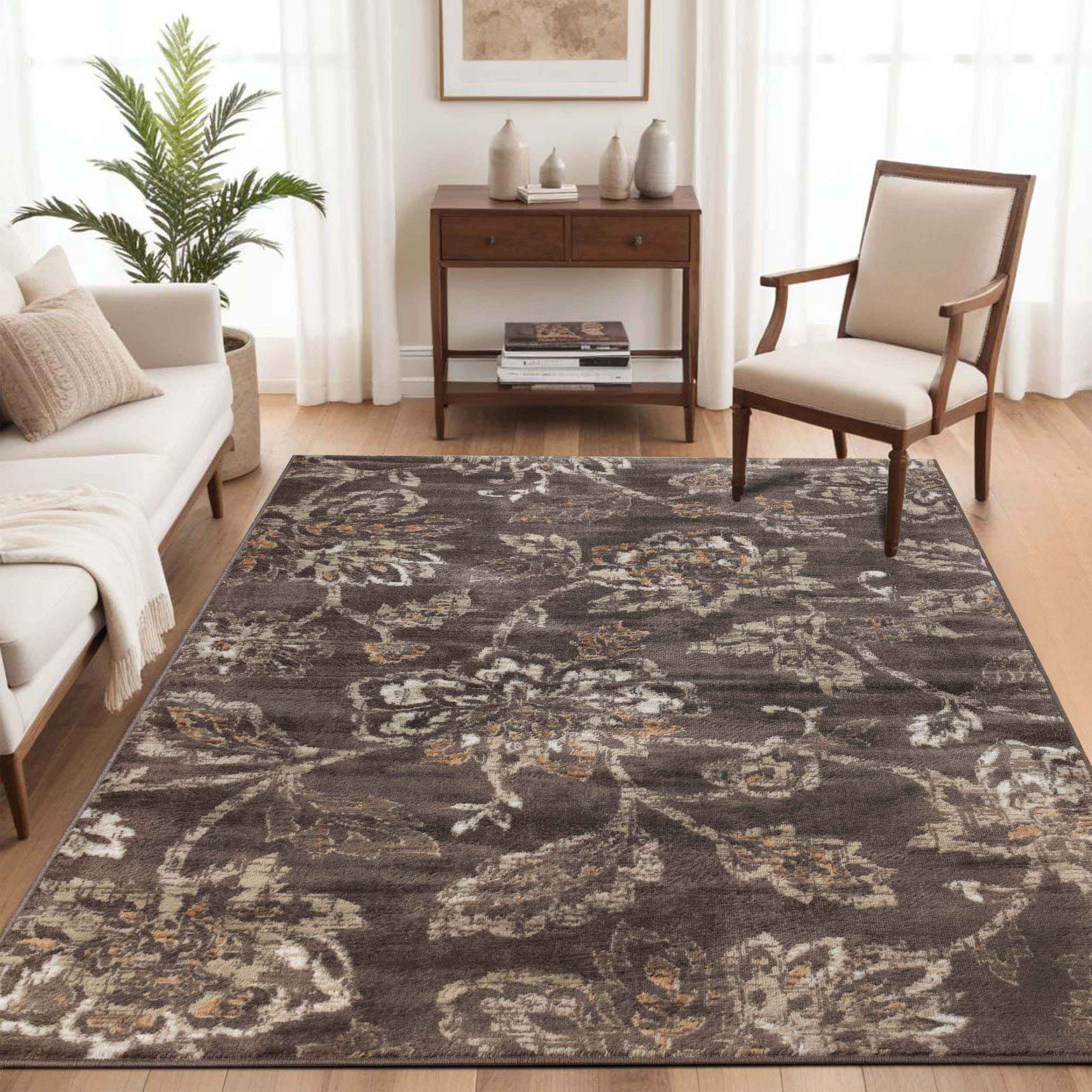 Jacobean Floral Modern Farmhouse Indoor Area Rug or Runner Rug - Brown