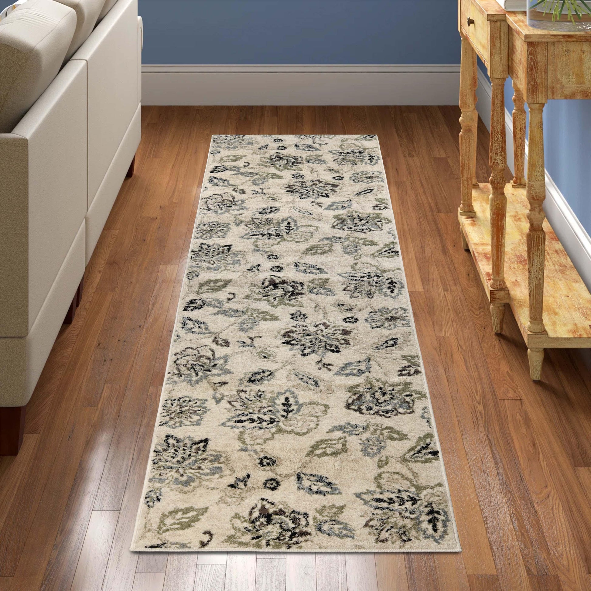 Jacobean Floral Modern Farmhouse Indoor Area Rug or Runner Rug - Cream
