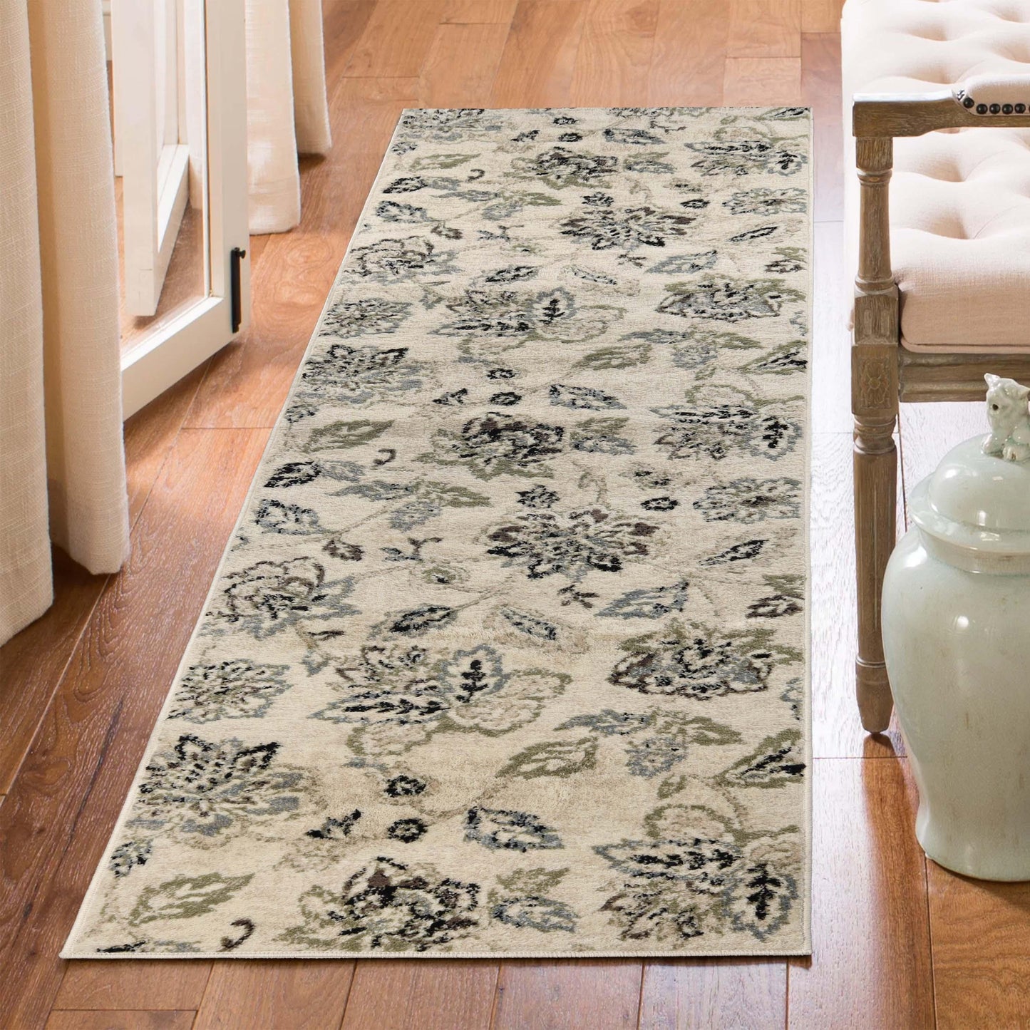 Jacobean Floral Modern Farmhouse Indoor Area Rug or Runner Rug - Cream