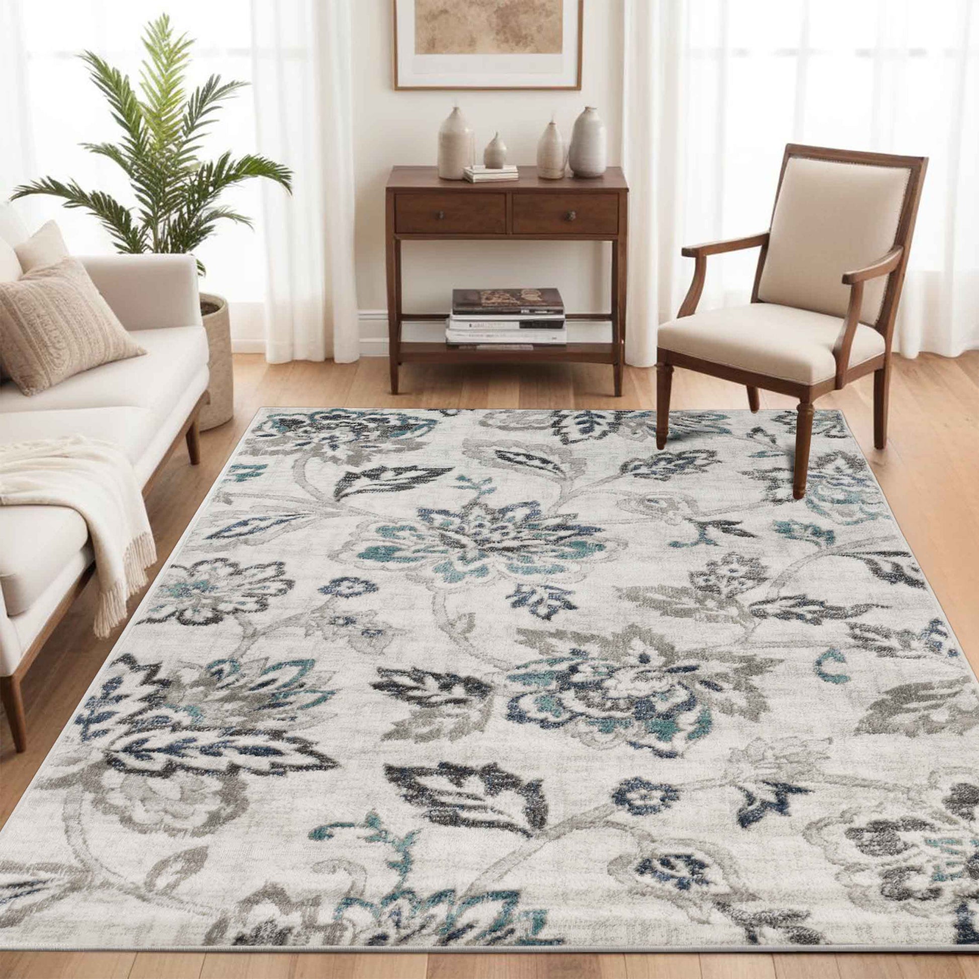 Jacobean Floral Modern Farmhouse Indoor Area Rug or Runner Rug - DeepRoyal