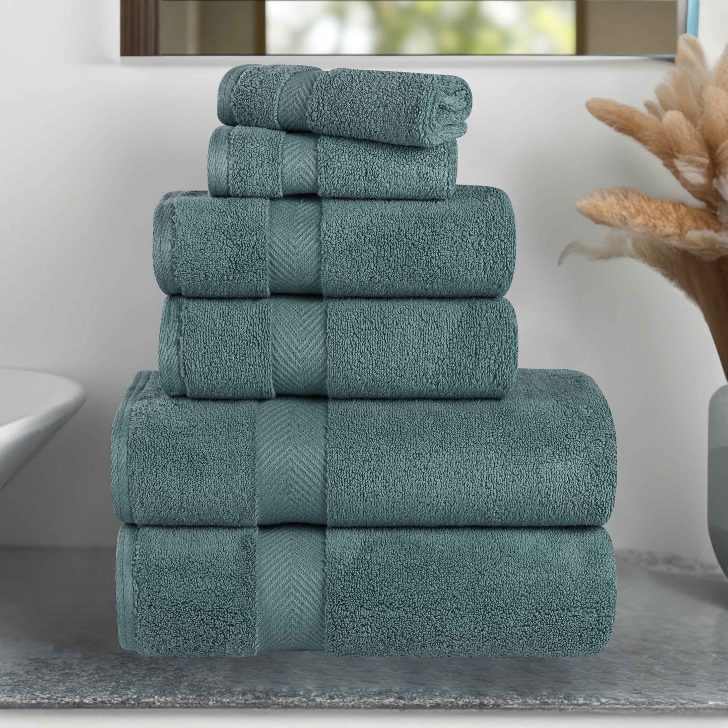 Zero-Twist Cotton Quick-Drying Absorbent Assorted 6 Piece Towel Set - Jade