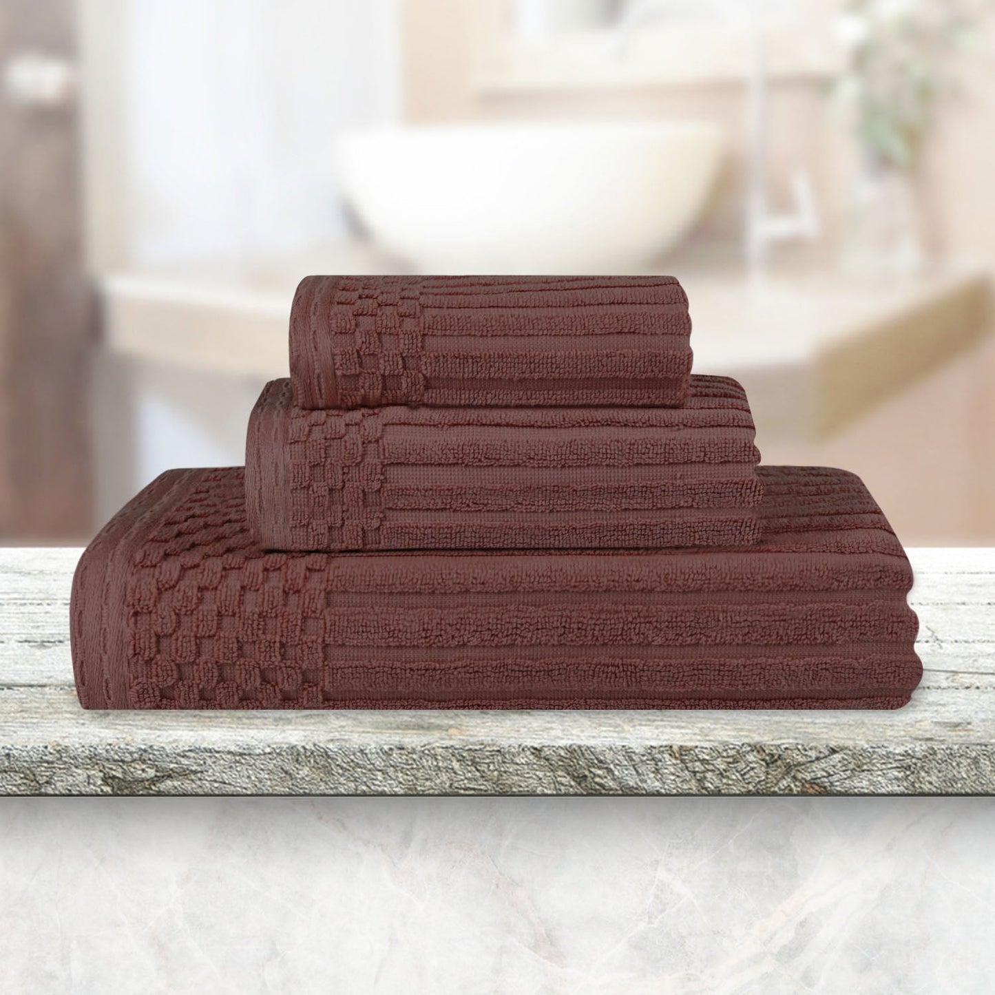 Soho Ribbed Cotton Absorbent 3 Piece Assorted Towel Set - Java