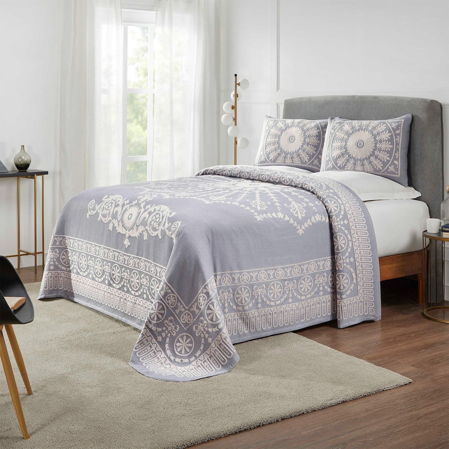 Superior Kymbal Cotton Blend Woven Traditional Medallion Lightweight Jacquard Bedspread and Sham Set - Slate Blue