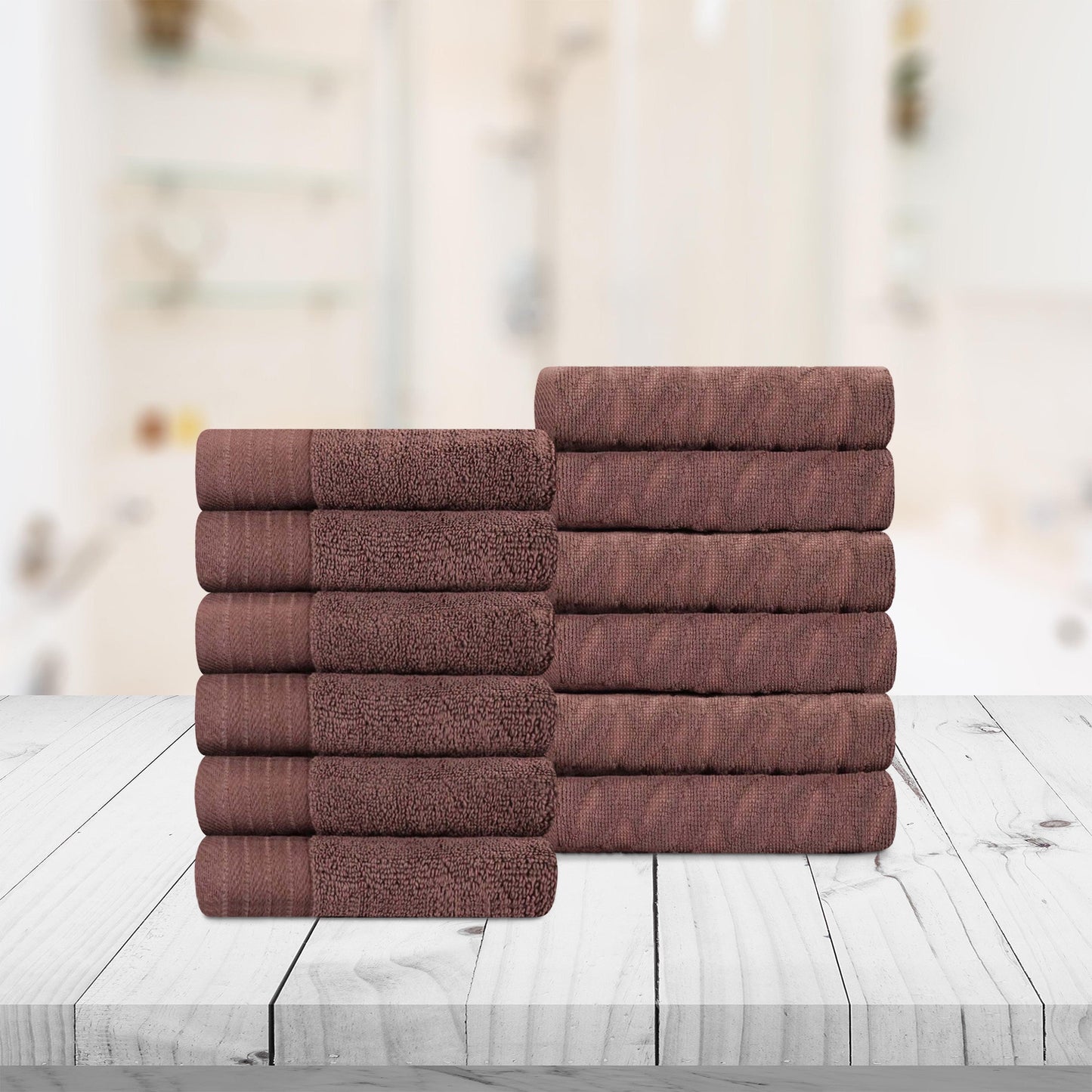 Premium Turkish Cotton Jacquard Herringbone and Solid 12-Piece Face Towel/ Washcloth Set - Chocolate