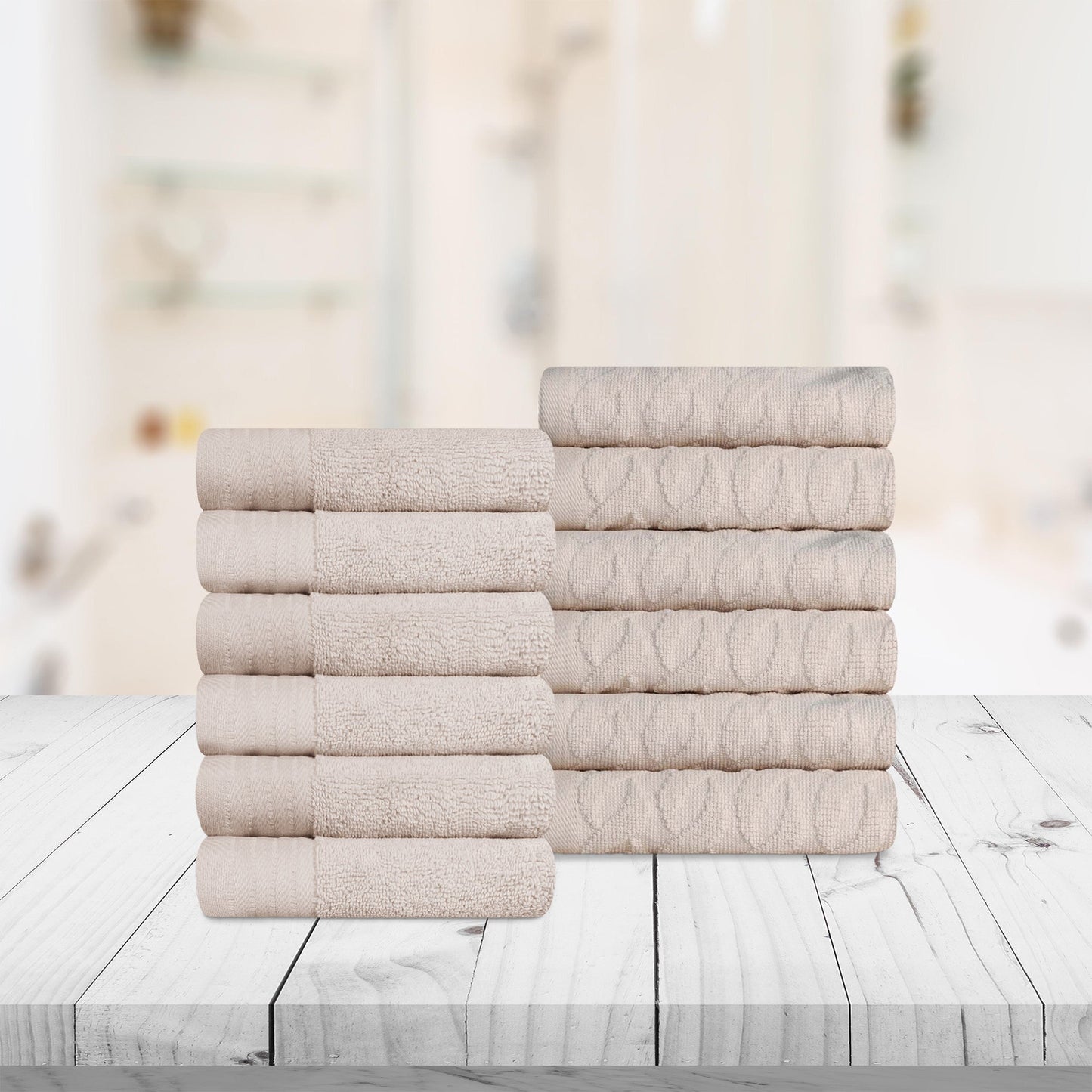 Premium Turkish Cotton Jacquard Herringbone and Solid 12-Piece Face Towel/ Washcloth Set - Ivory