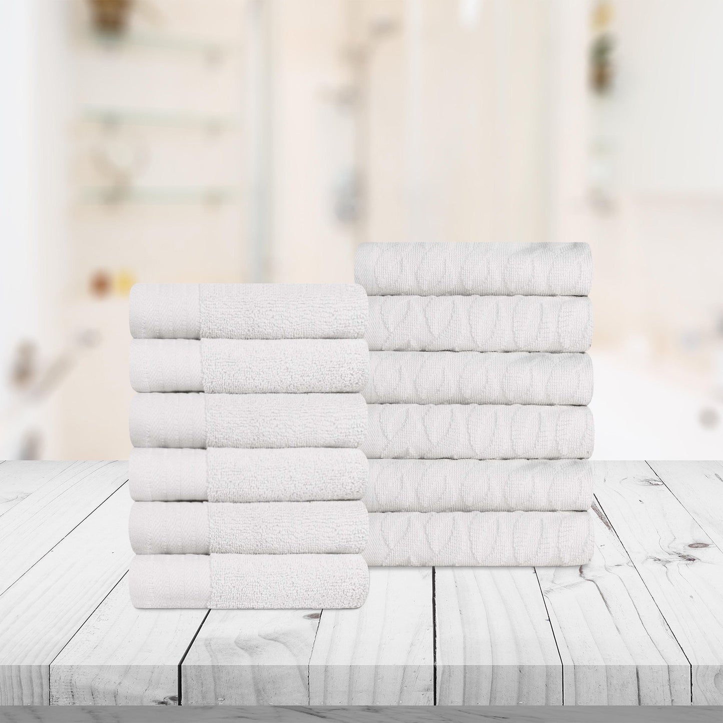 Premium Turkish Cotton Jacquard Herringbone and Solid 12-Piece Face Towel/ Washcloth Set - White