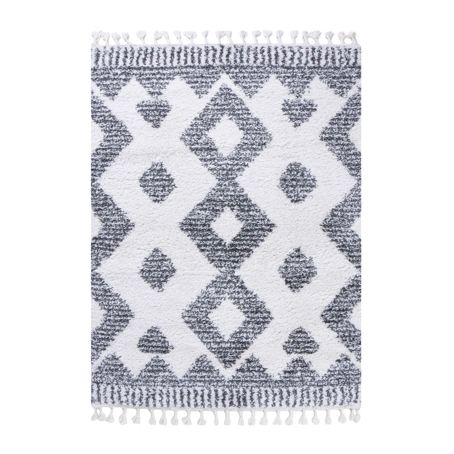 Superior Bohemian Geometric Indoor Plush Shag Area Rug with Tassels - Black-Cream