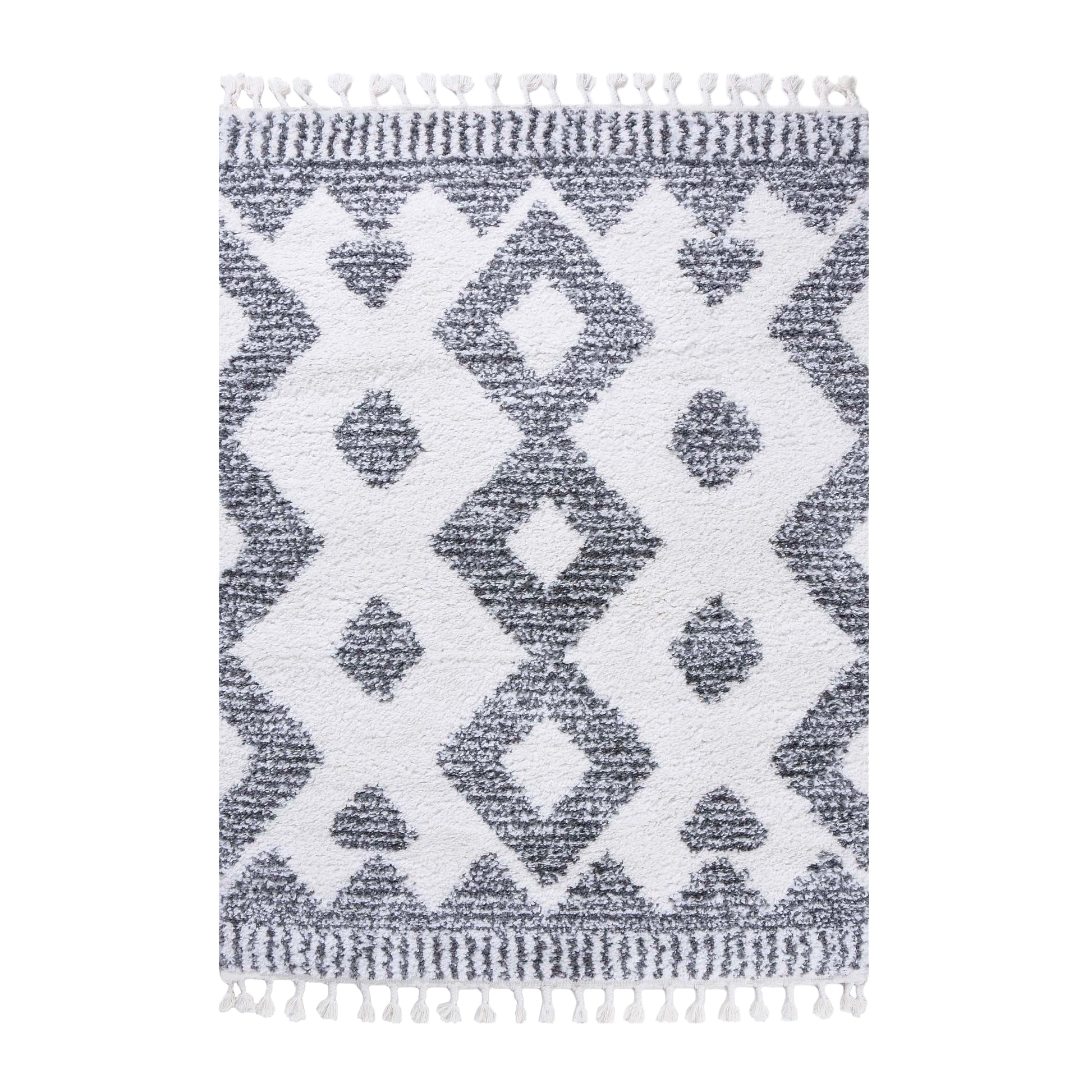Superior Bohemian Geometric Indoor Plush Shag Area Rug with Tassels - Black-Cream