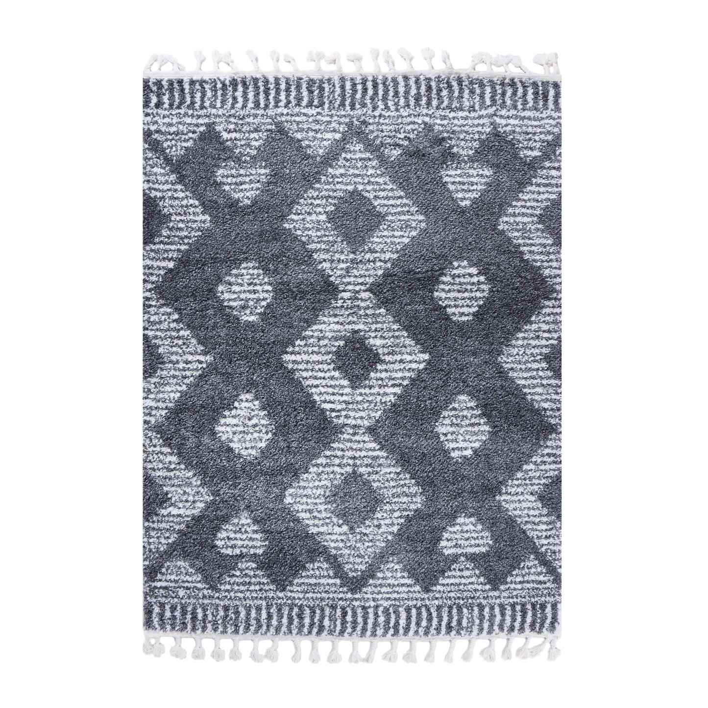 Superior Bohemian Geometric Indoor Plush Shag Area Rug with Tassels - Cream-Black