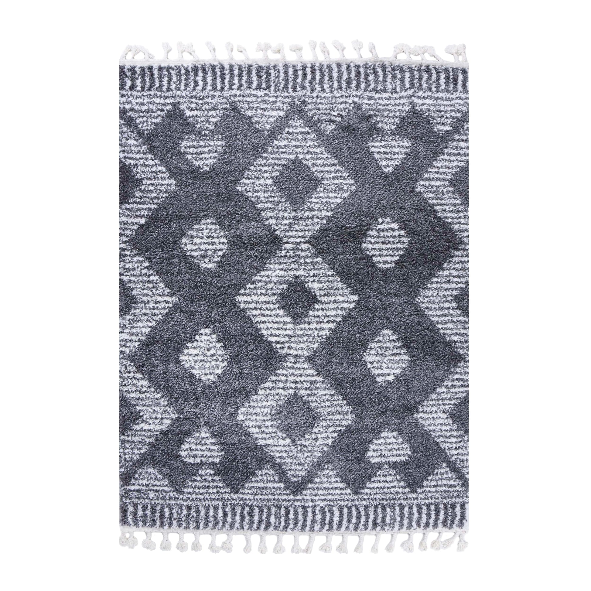 Superior Bohemian Geometric Indoor Plush Shag Area Rug with Tassels - Cream-Black