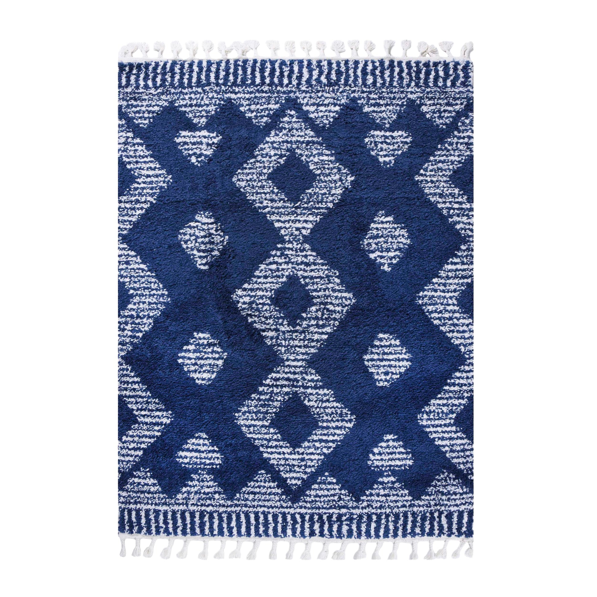 Superior Bohemian Geometric Indoor Plush Shag Area Rug with Tassels - Cream-Blue