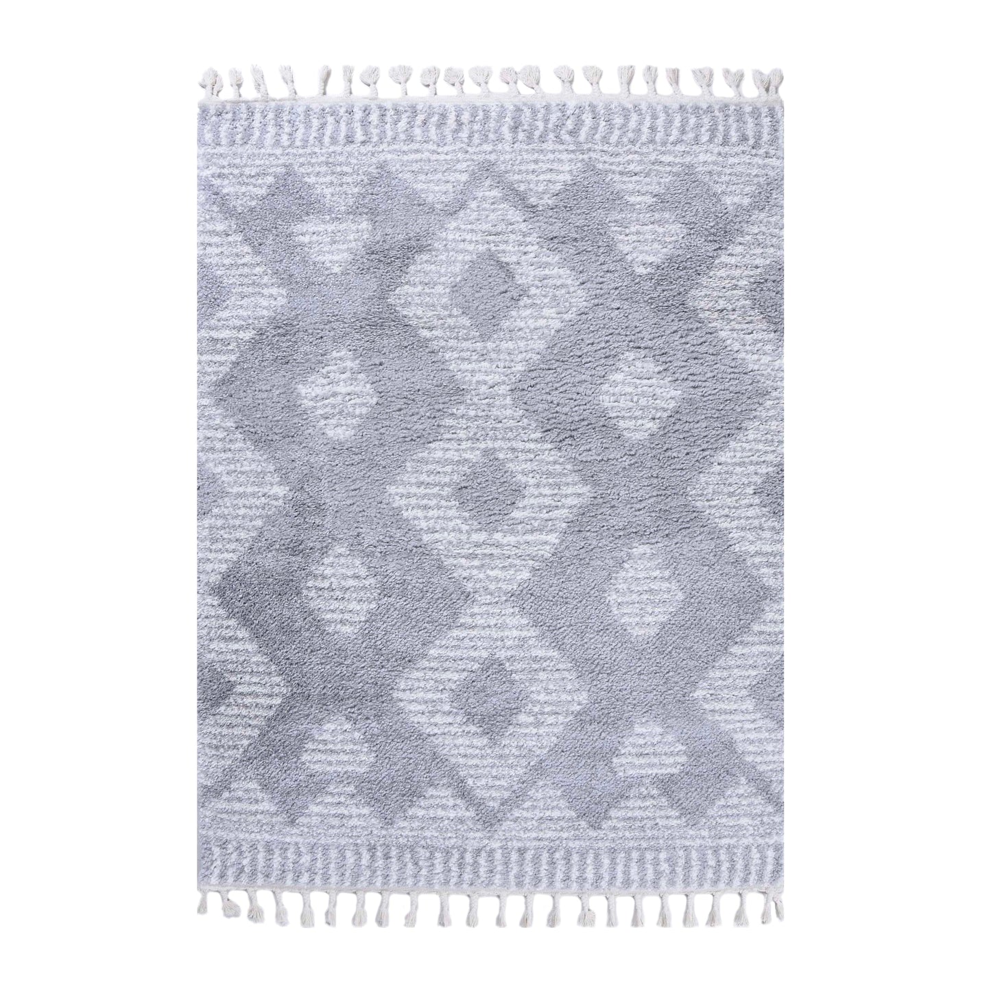 Superior Bohemian Geometric Indoor Plush Shag Area Rug with Tassels - Cream-Grey