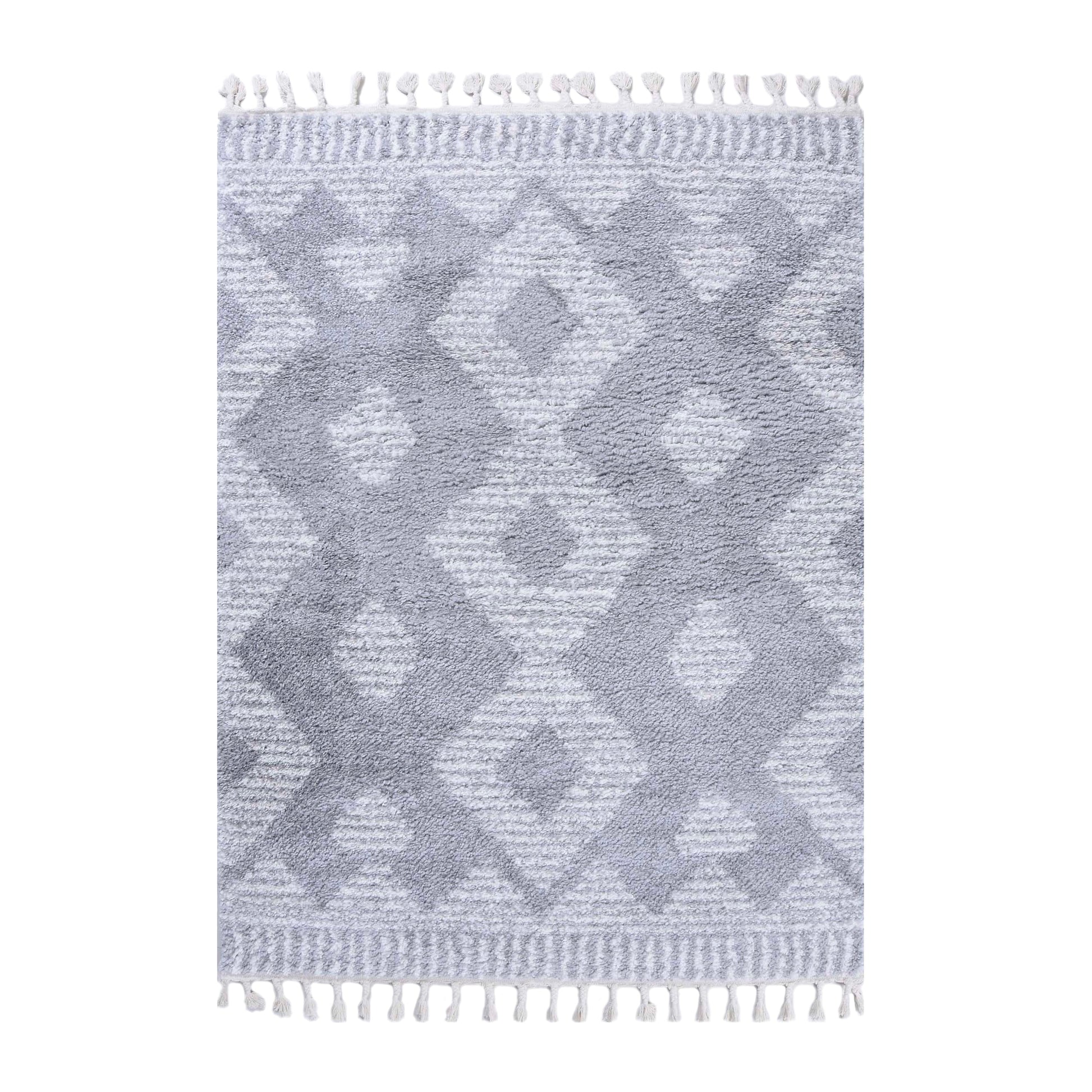 Superior Bohemian Geometric Indoor Plush Shag Area Rug with Tassels - Cream-Grey