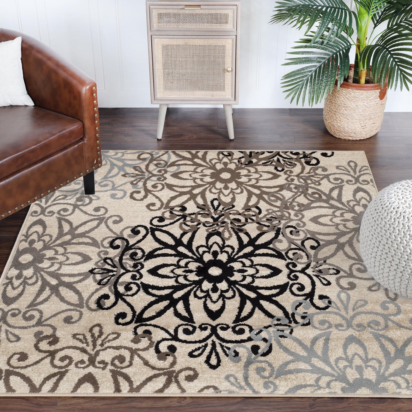 Leigh Traditional Floral Scroll Indoor Area Rug or Runner Rug Or Door Mat - Beige