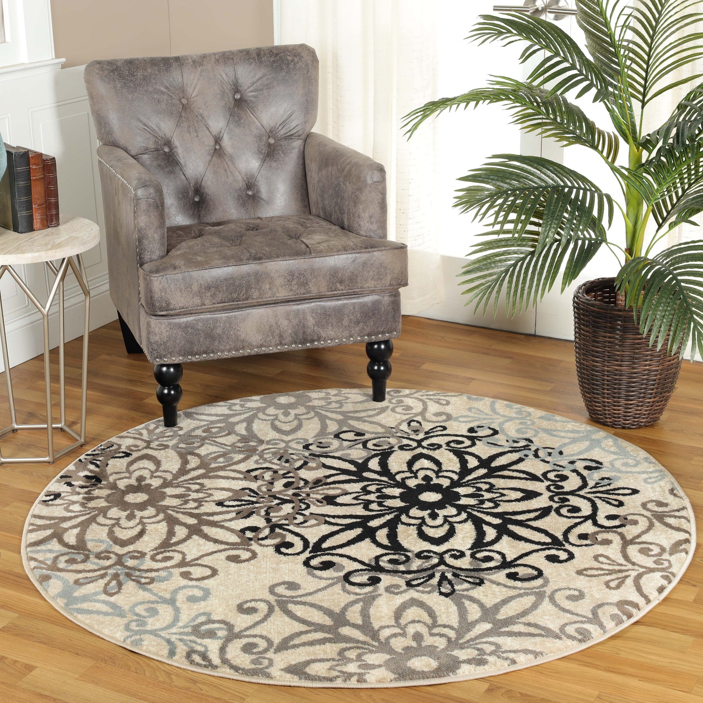 Leigh Traditional Floral Scroll Indoor Area Rug or Runner Rug Or Door Mat - Beige