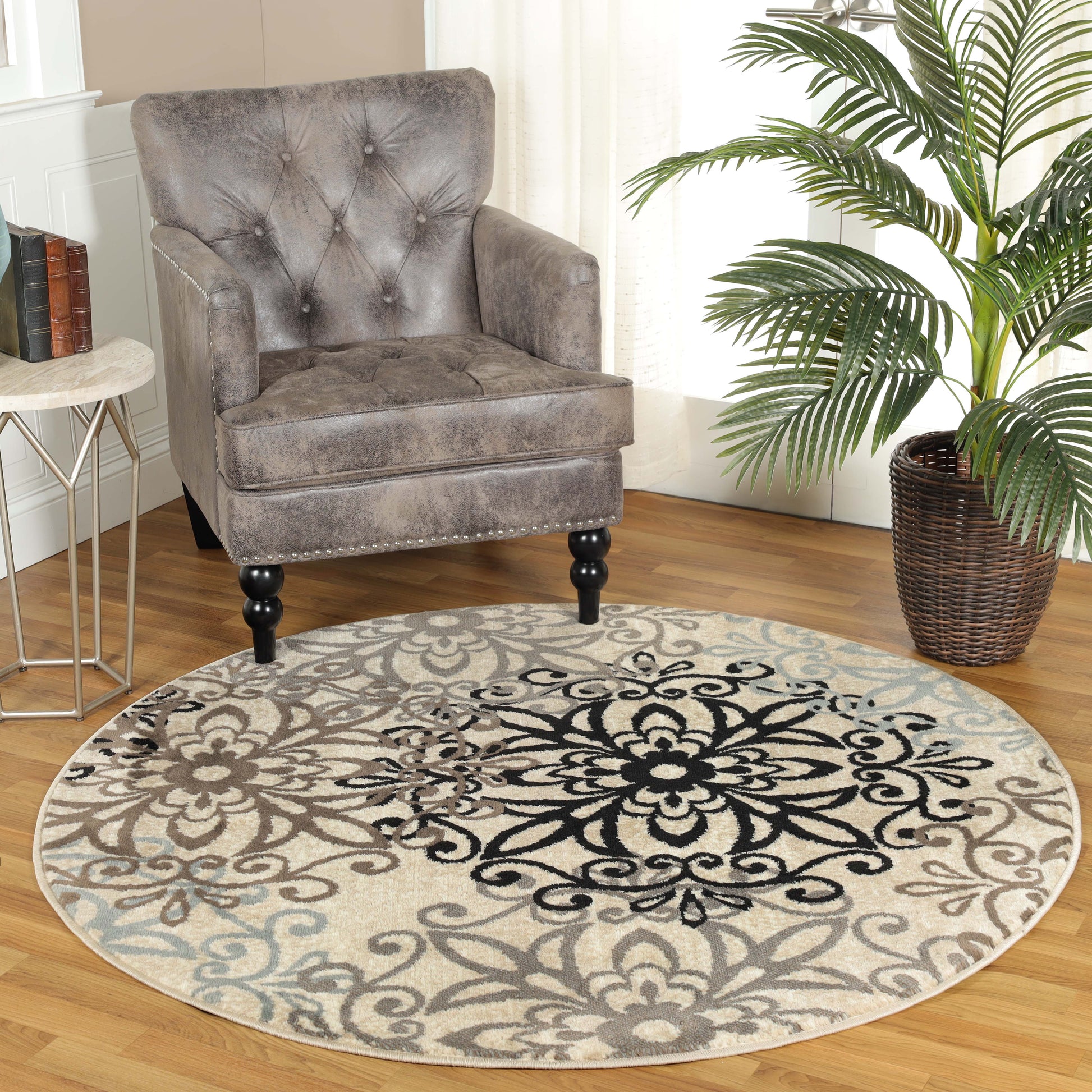 Leigh Traditional Floral Scroll Indoor Area Rug or Runner Rug Or Door Mat - Beige