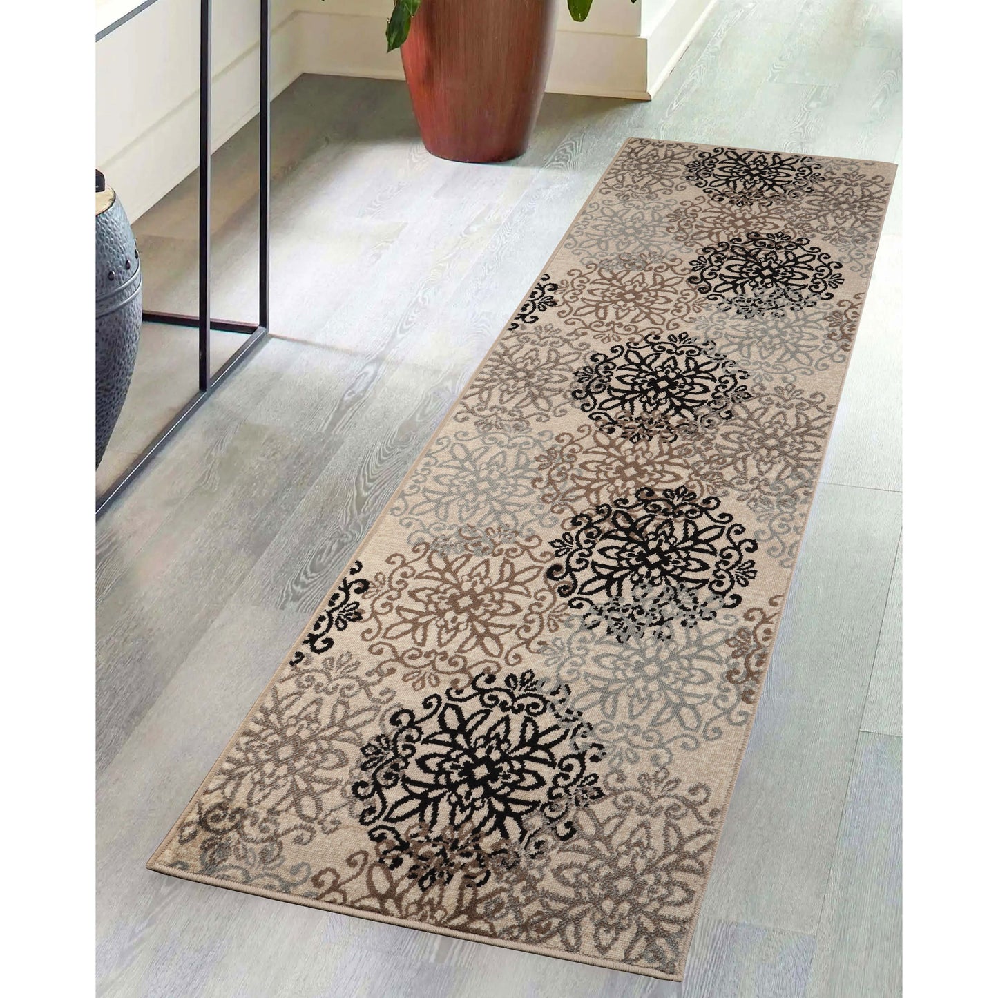 Leigh Traditional Floral Scroll Indoor Area Rug or Runner Rug Or Door Mat - Beige
