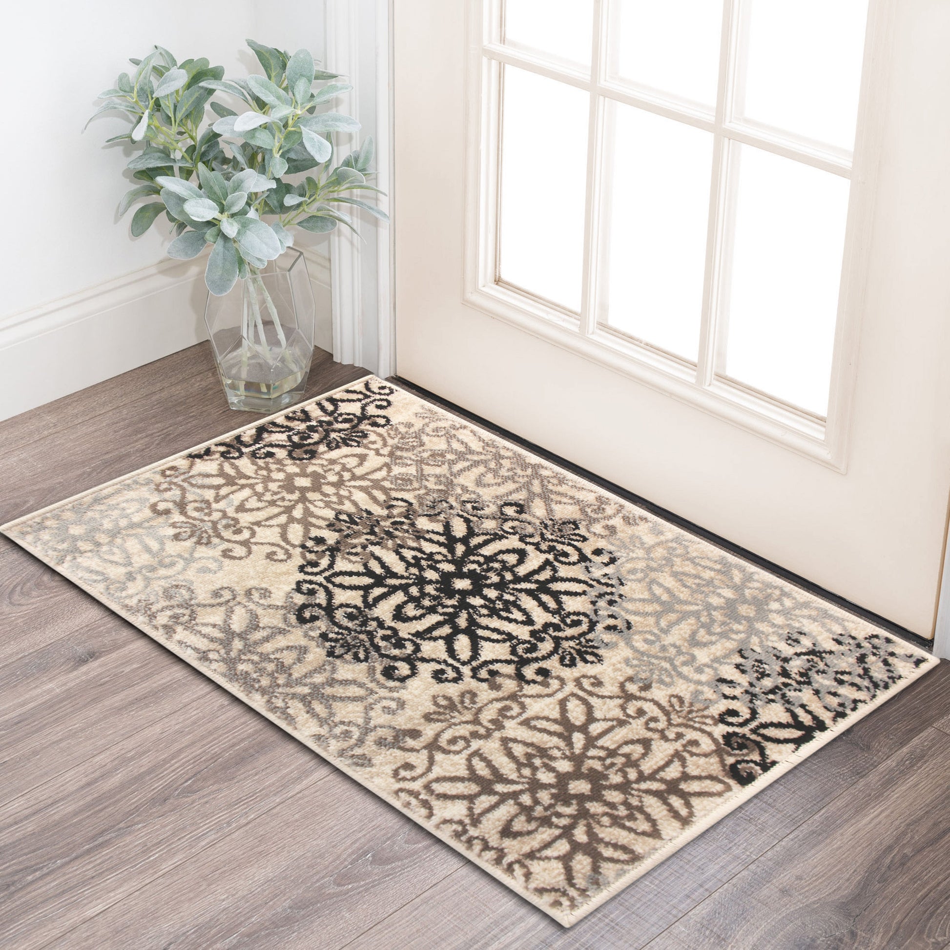 Leigh Traditional Floral Scroll Indoor Area Rug or Runner Rug Or Door Mat - Beige