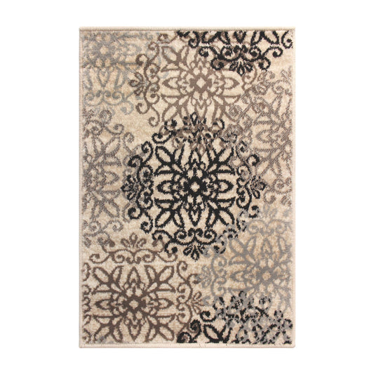 Leigh Traditional Floral Scroll Indoor Area Rug or Runner Rug Or Door Mat - Beige