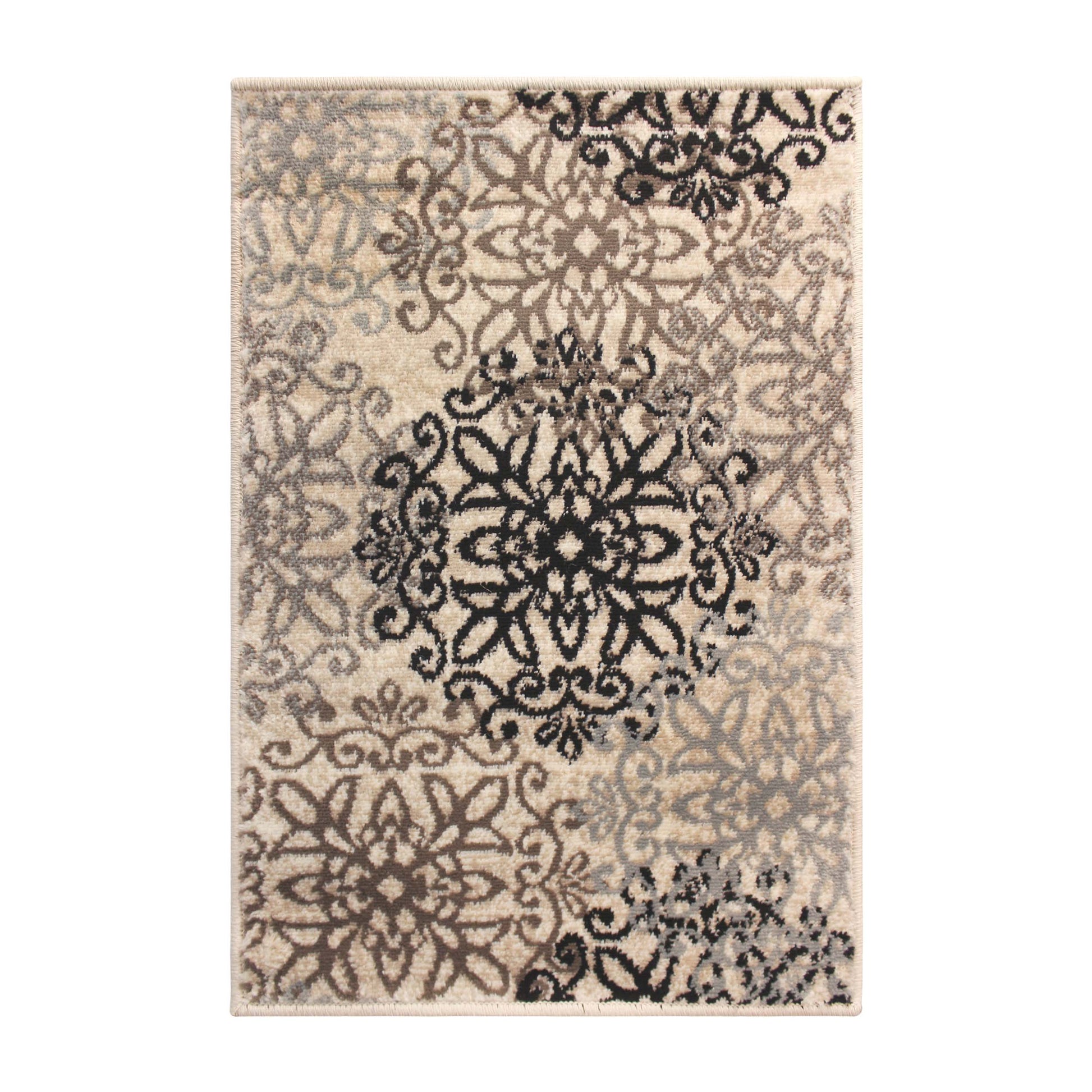 Leigh Traditional Floral Scroll Indoor Area Rug or Runner Rug Or Door Mat - Beige