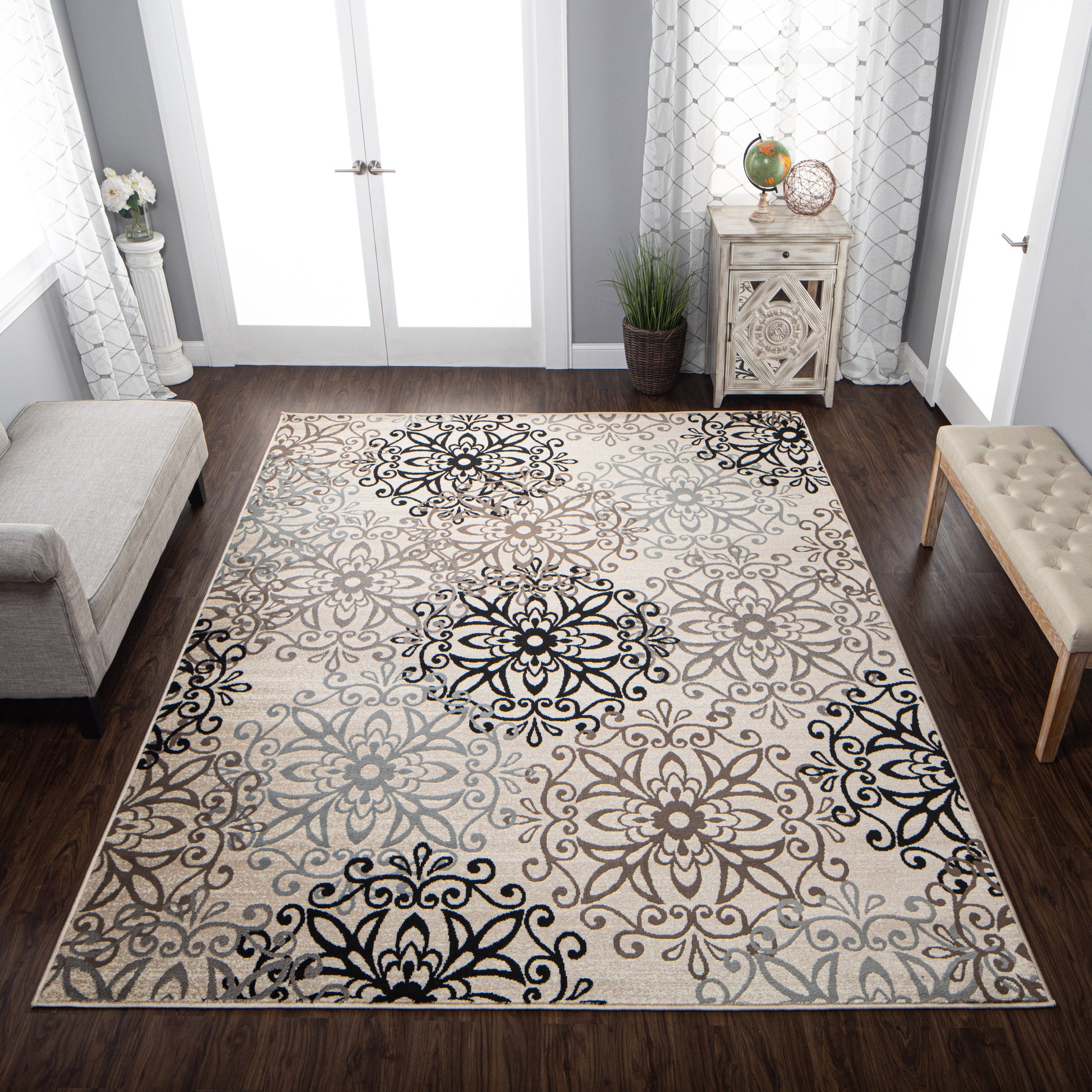 Leigh Traditional Floral Scroll Indoor Area Rug or Runner Rug Or Door Mat - Beige