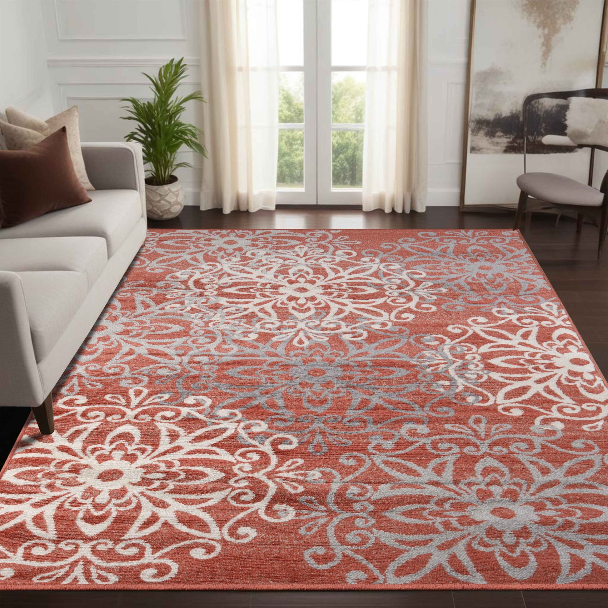 Leigh Traditional Floral Scroll Indoor Area Rug or Runner Rug Or Door Mat - Ginger