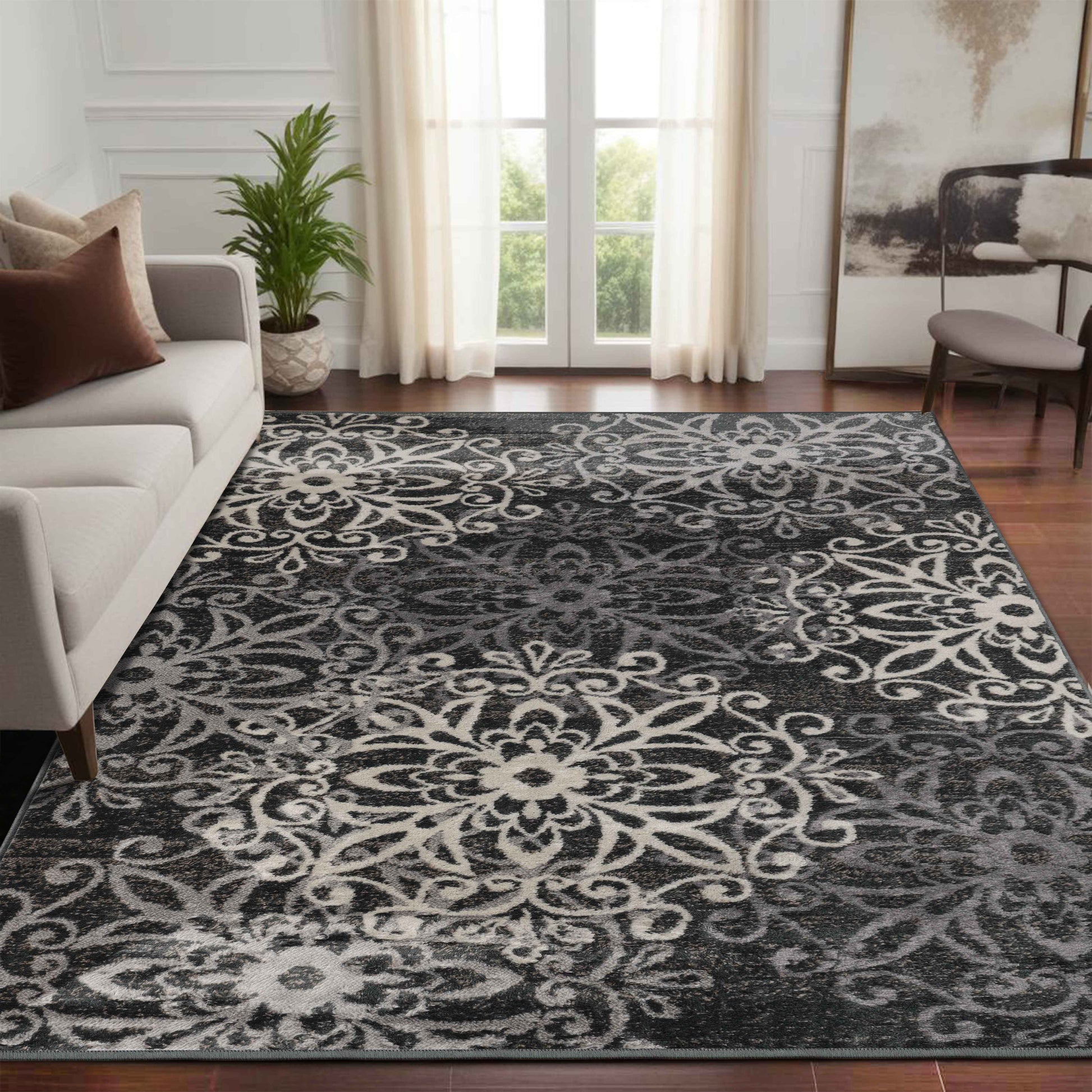 Leigh Traditional Floral Scroll Indoor Area Rug or Runner Rug Or Door Mat - Gray