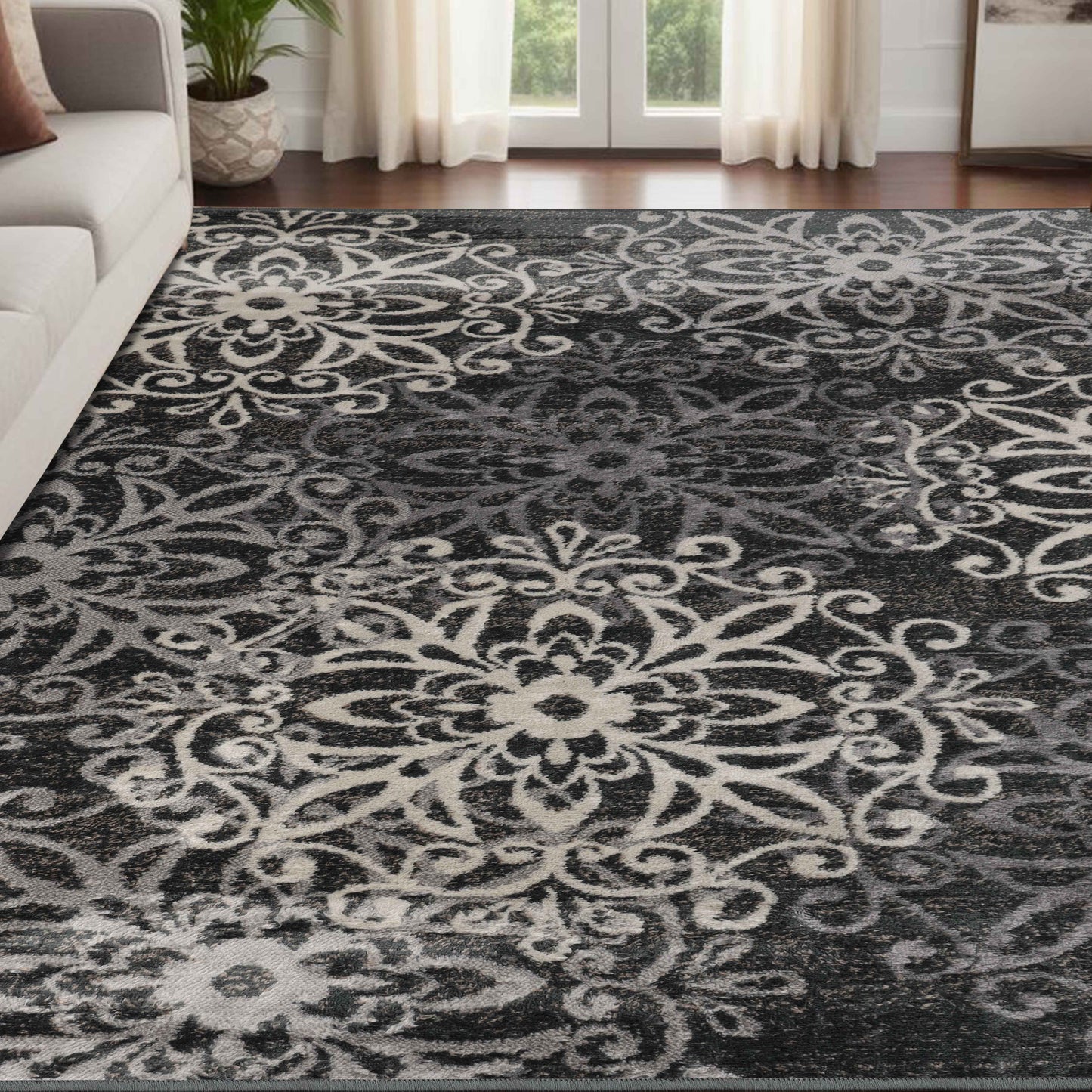 Leigh Traditional Floral Scroll Indoor Area Rug or Runner Rug Or Door Mat - Gray