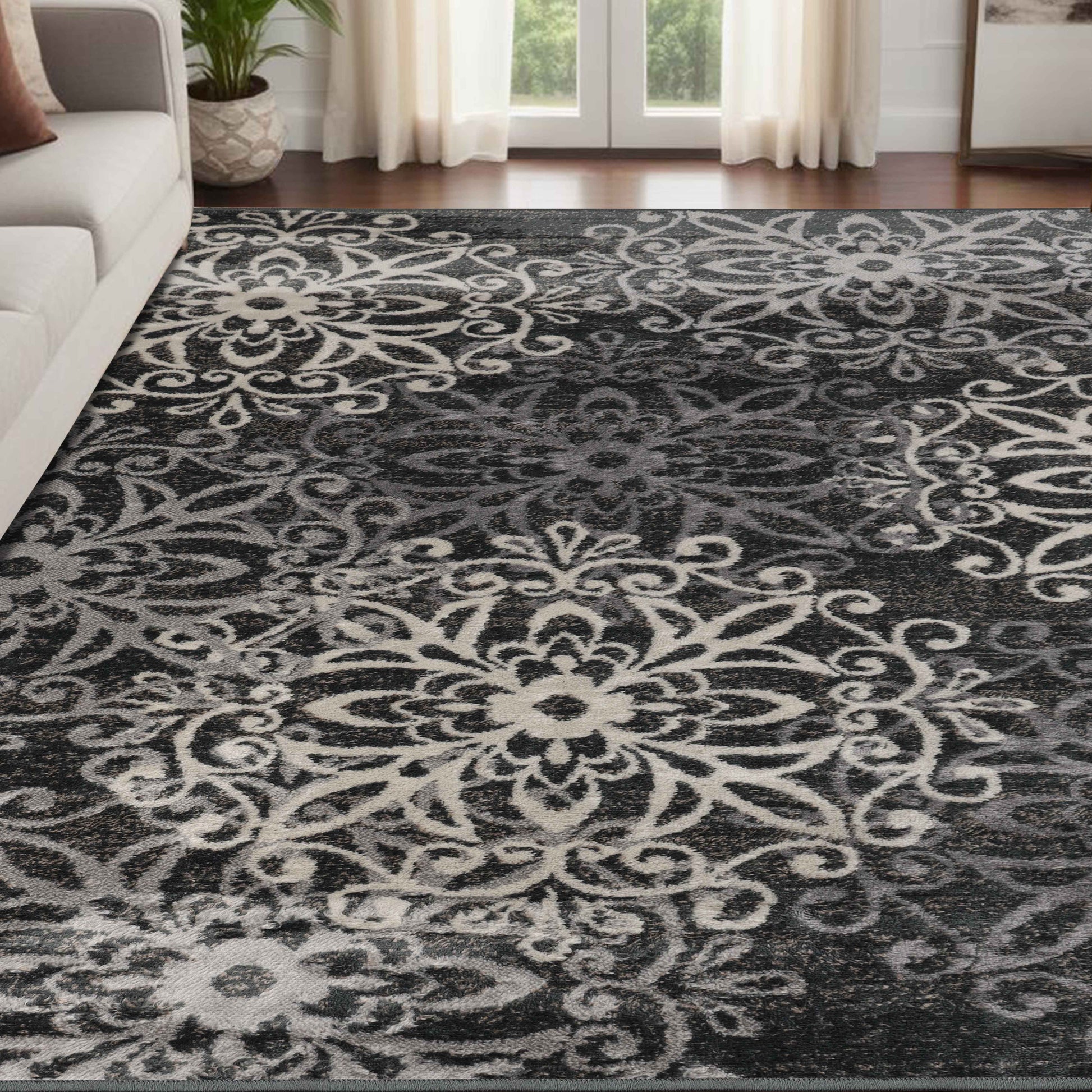 Leigh Traditional Floral Scroll Indoor Area Rug or Runner Rug Or Door Mat - Gray