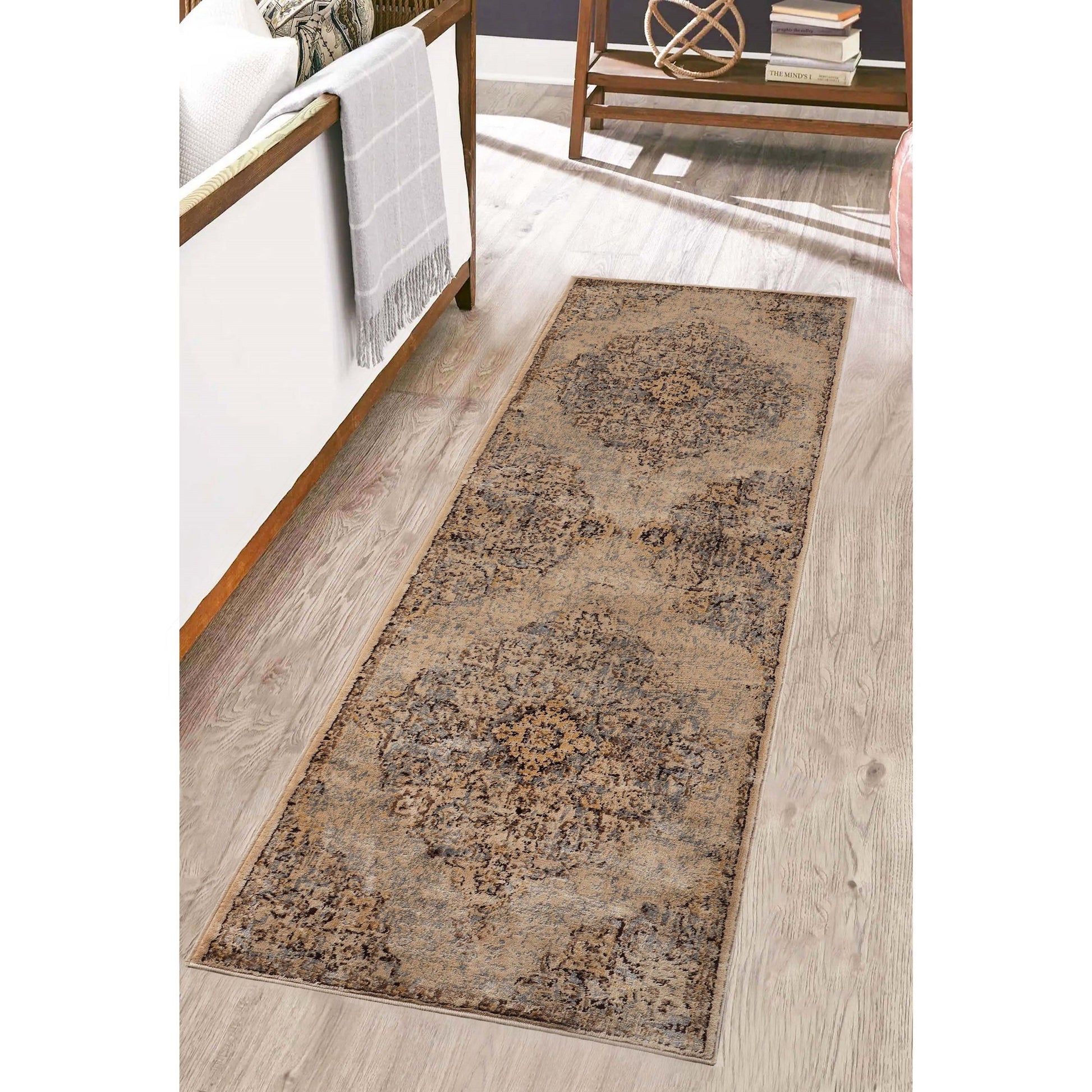Superior Distressed Traditional Medallion Damask Area Rug Or Runner Or Door Mat - Ivory/Grey