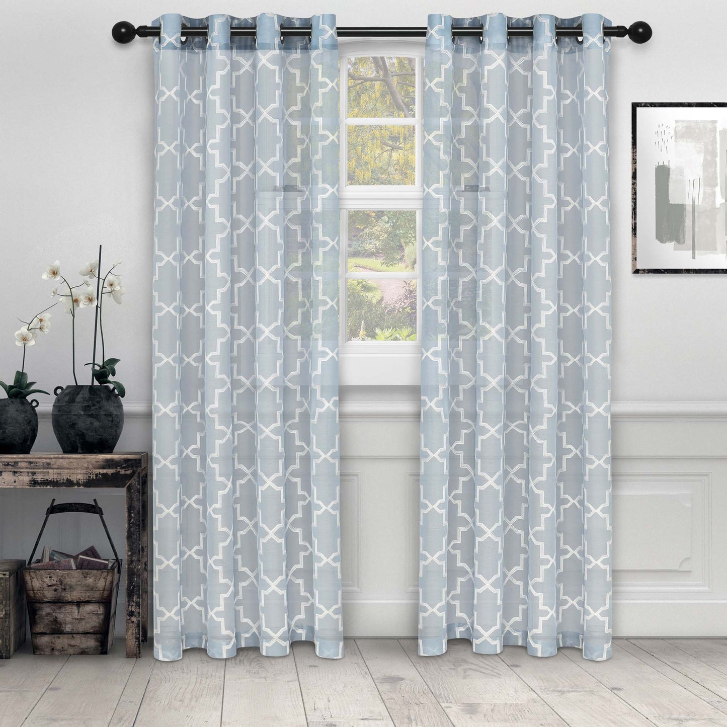 Embroidered Quatrefoil Semi Sheer 2 Piece Curtain Panel Set - LightBlue