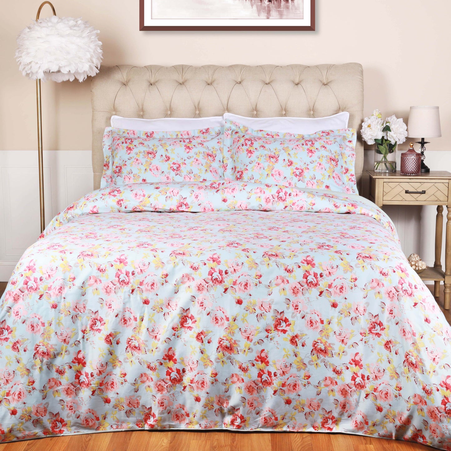 300 Thread Count Solid or Floral Cotton All-Season Duvet Cover Set - LightBlue