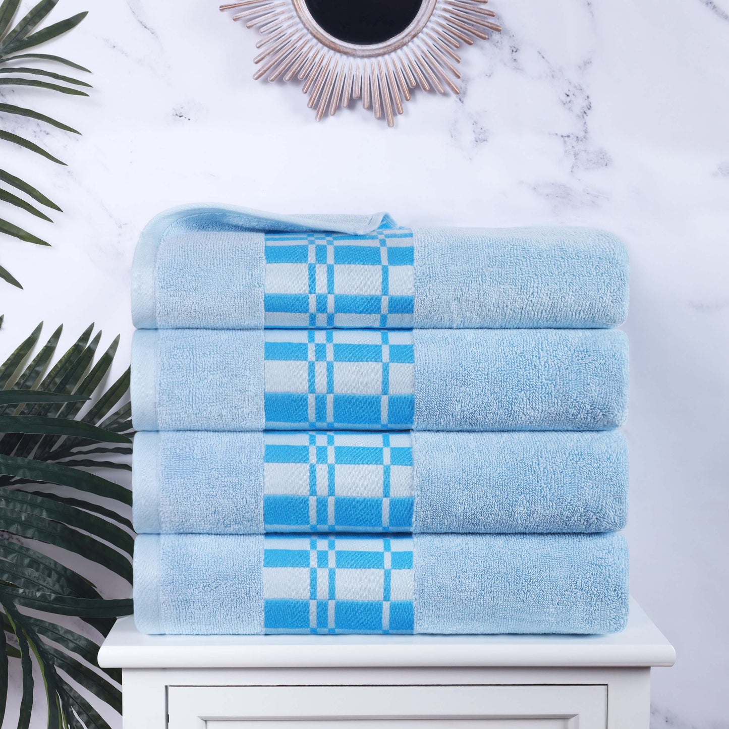Larissa Cotton Geometric Border Bath Towel Set of 4 - LightBlue