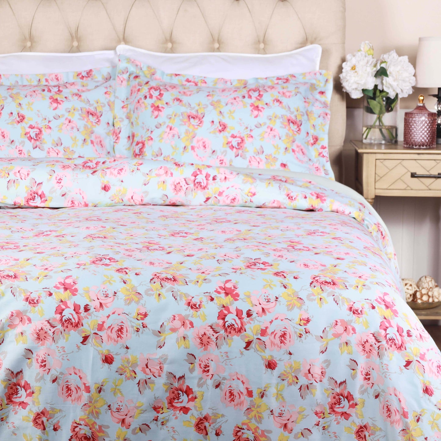 300 Thread Count Solid or Floral Cotton All-Season Duvet Cover Set - LightBlue