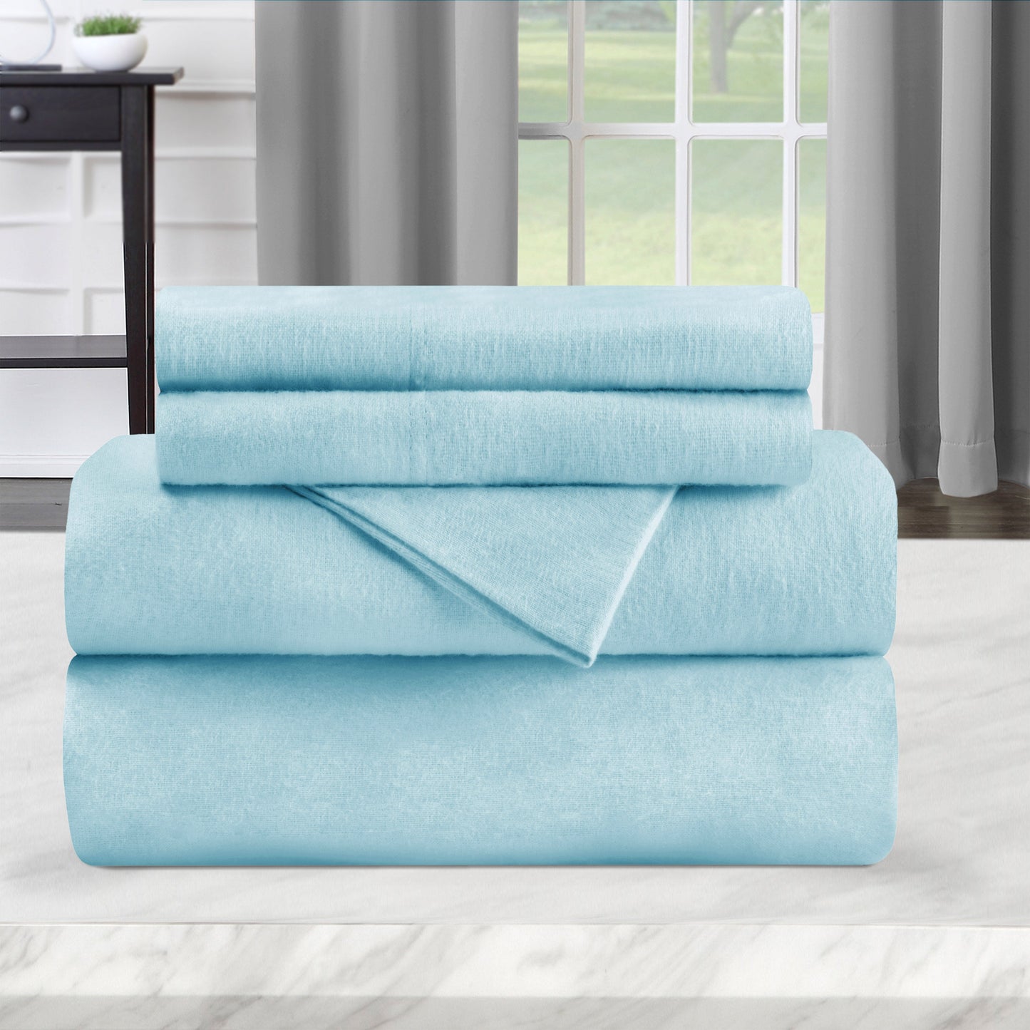 Solid Flannel Cotton Soft Warm Deep Pocket Sheet Set - LightBlue