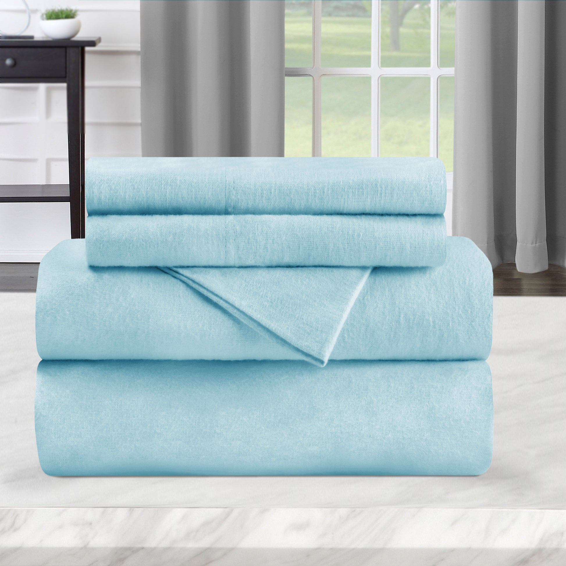 Solid Flannel Cotton Soft Warm Deep Pocket Sheet Set - LightBlue