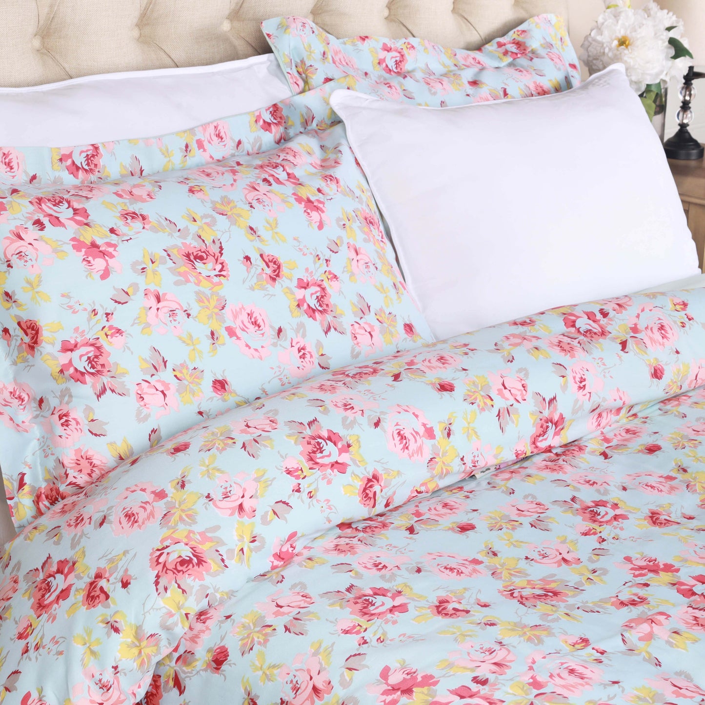 300 Thread Count Solid or Floral Cotton All-Season Duvet Cover Set - LightBlue