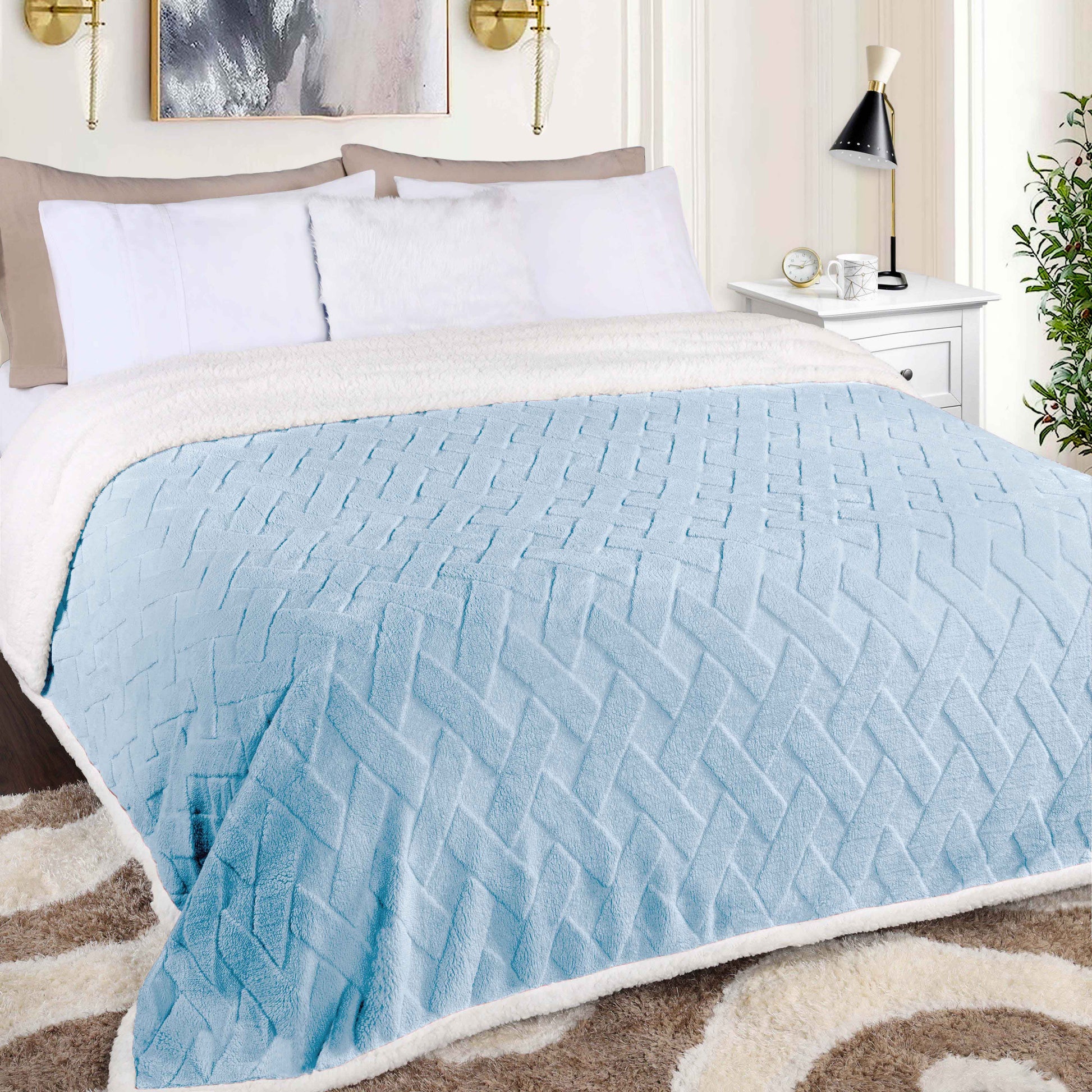 Nuuk Jacquard Lattice Fleece Plush Fluffy Sherpa Reversible Blanket - LightBlue
