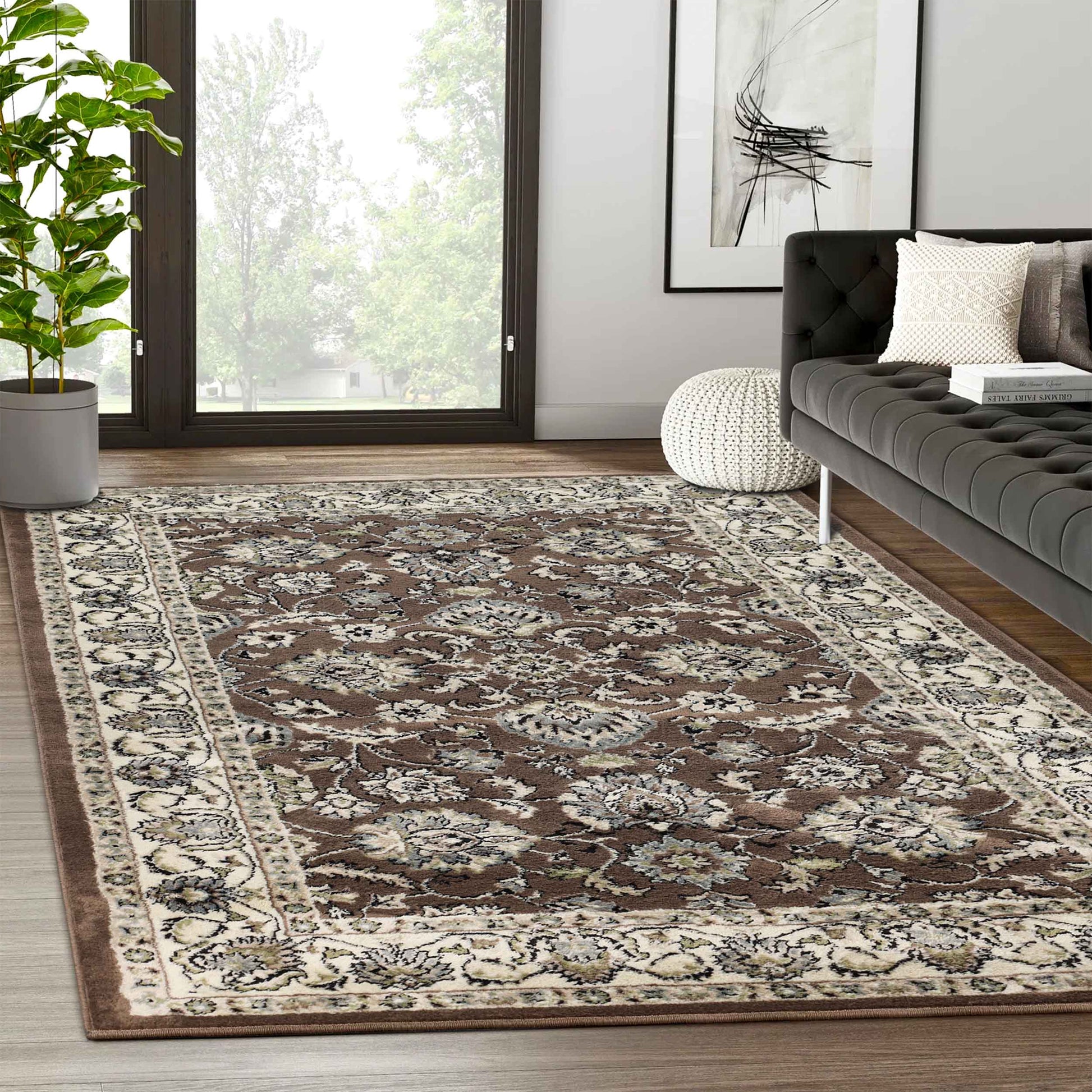 Lille Elegant Floral Indoor Area Rug or Runner Rug Or Door Mat - Brown