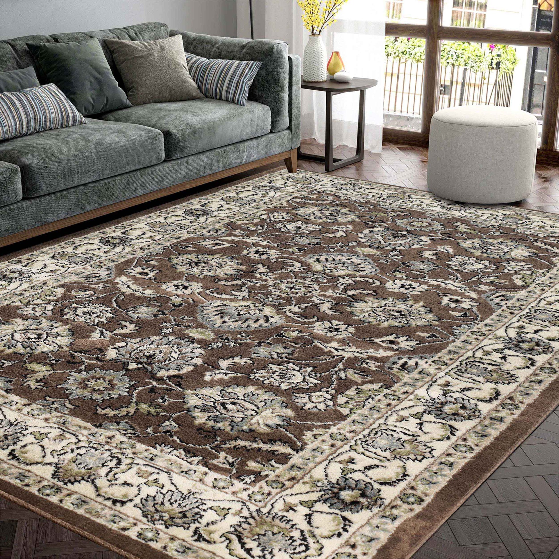 Lille Elegant Floral Indoor Area Rug or Runner Rug Or Door Mat - Brown
