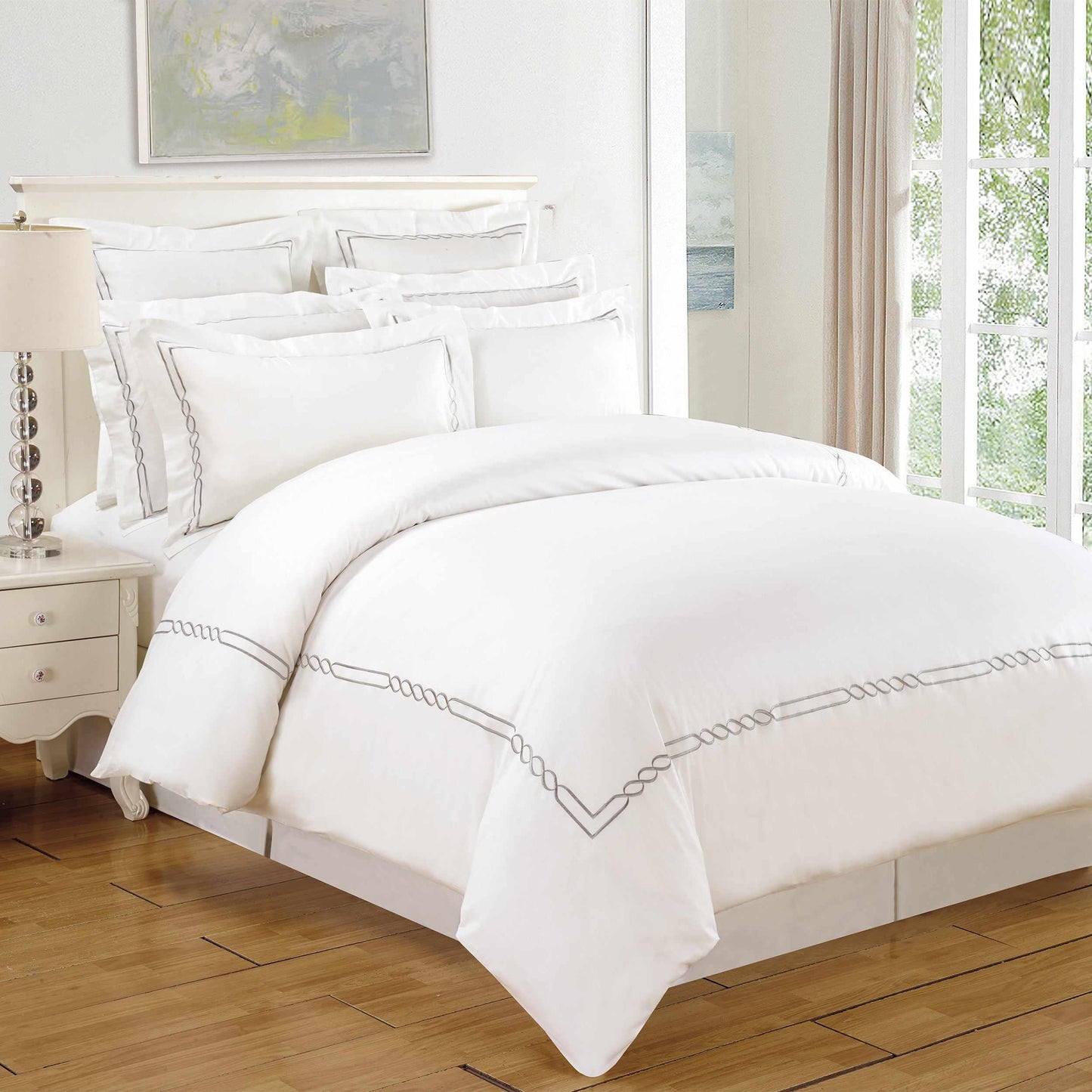 Superior Lorenz Embroidered Cotton Duvet Cover Set - White