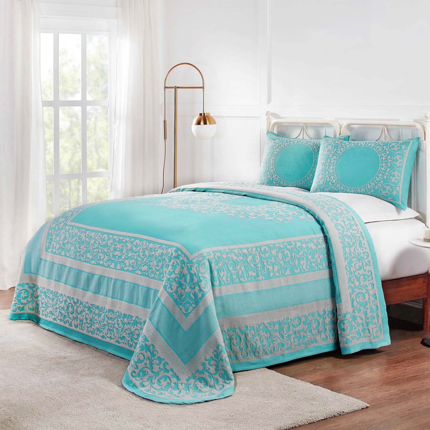 Superior Lyron Cotton Blend Woven Jacquard Vintage Floral Scroll Lightweight Bedspread and Sham Set - Aqua
