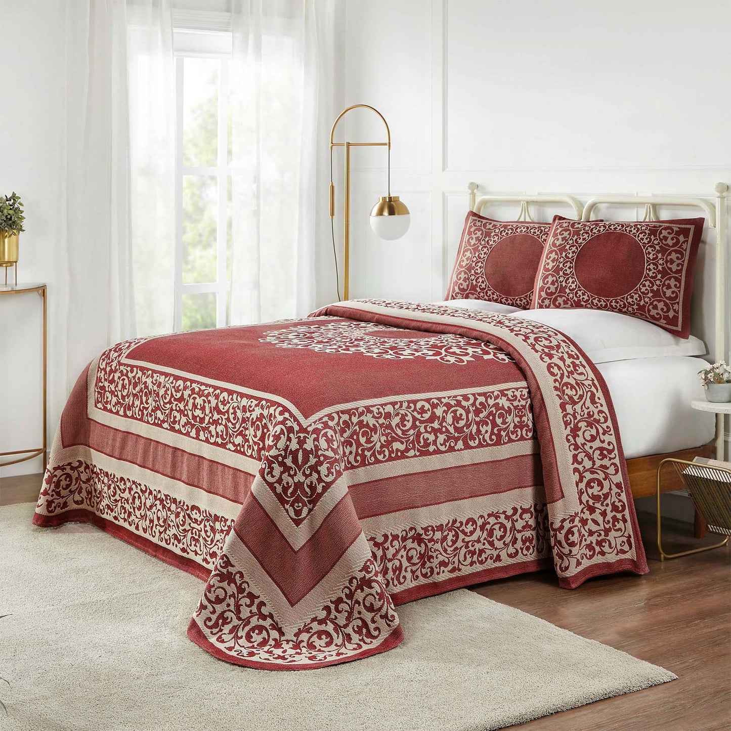 Superior Lyron Cotton Blend Woven Jacquard Vintage Floral Scroll Lightweight Bedspread and Sham Set - Berry Red