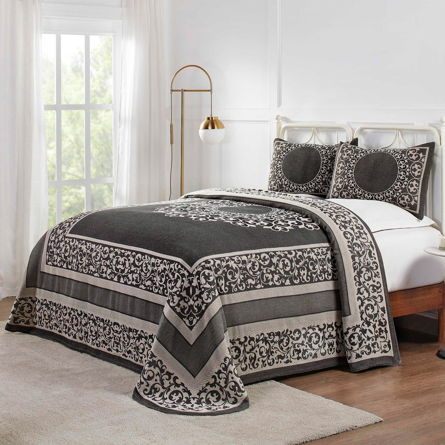 Superior Lyron Cotton Blend Woven Jacquard Vintage Floral Scroll Lightweight Bedspread and Sham Set - Charcoal