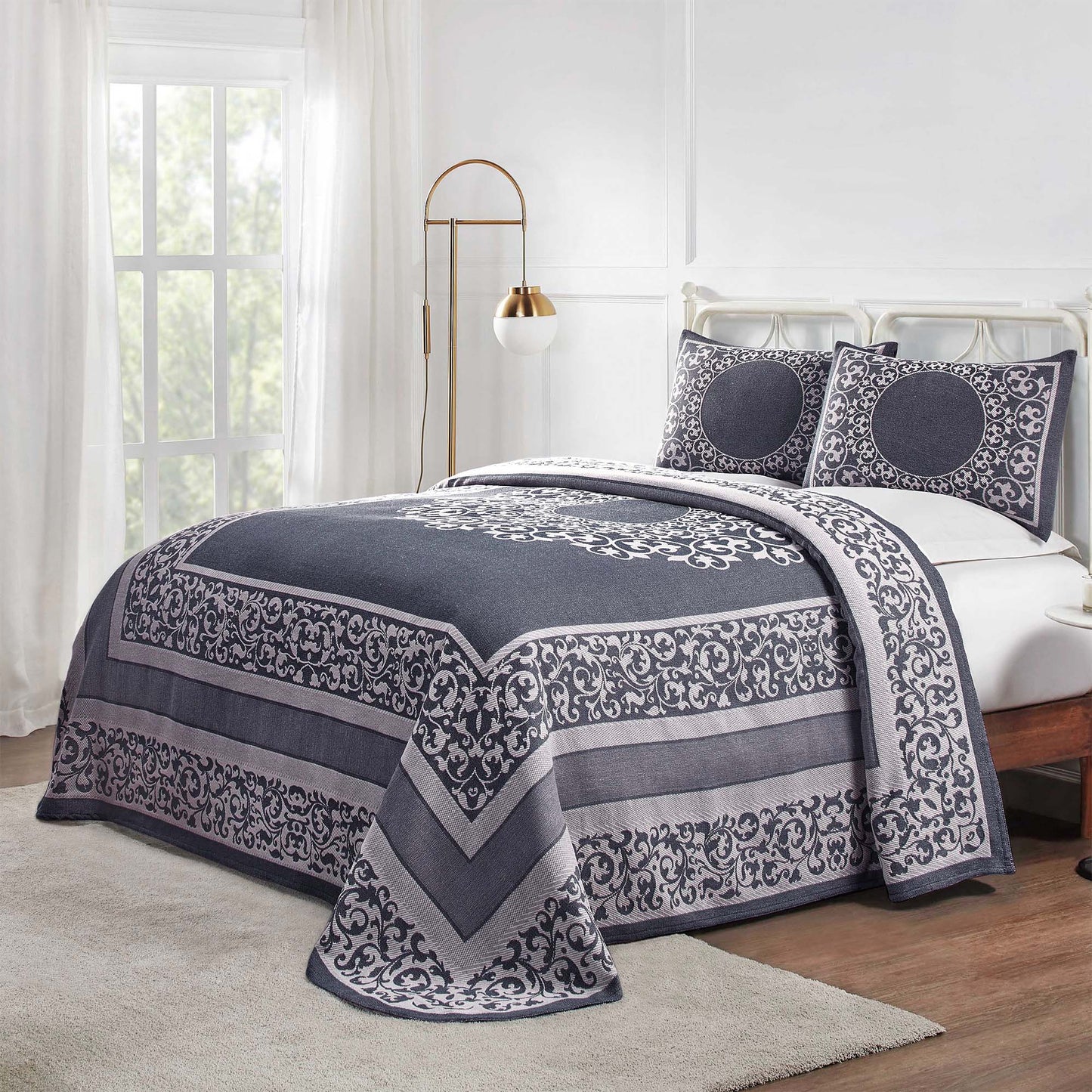 Superior Lyron Cotton Blend Woven Jacquard Vintage Floral Scroll Lightweight Bedspread and Sham Set - Denim Blue
