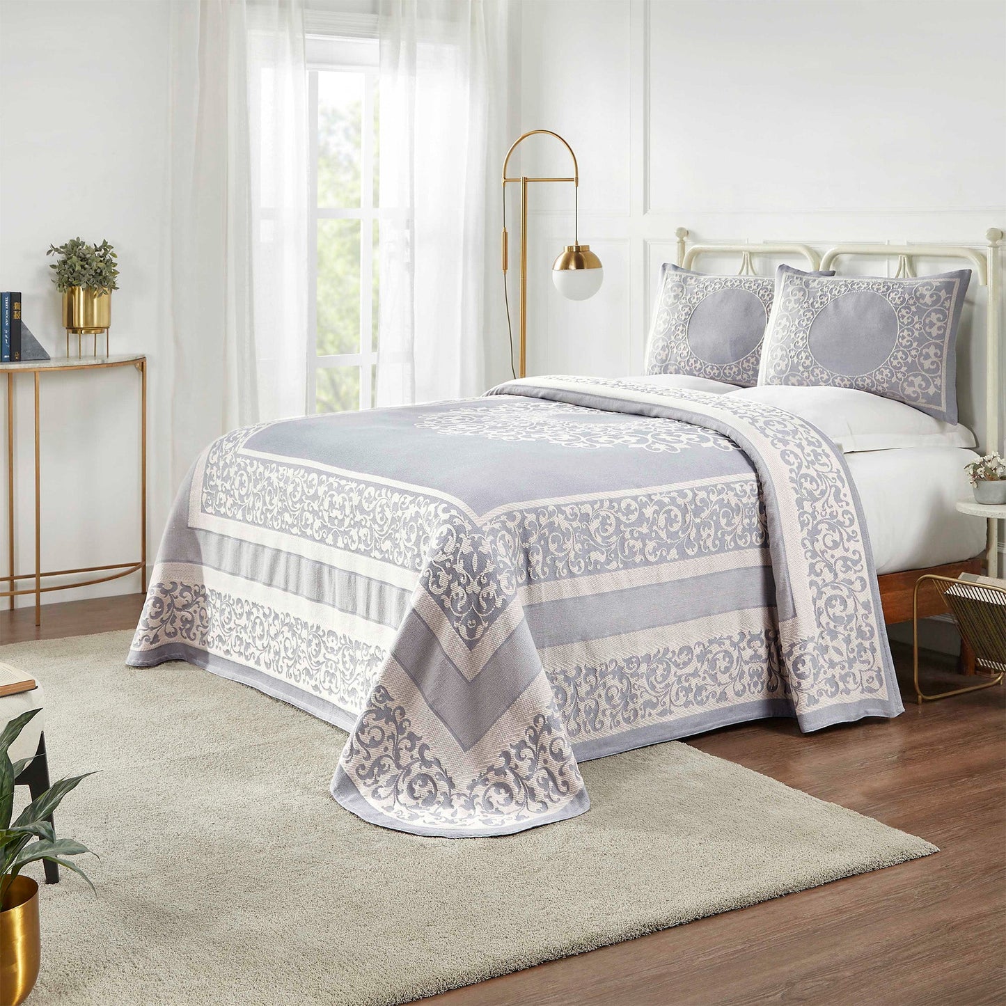 Superior Lyron Cotton Blend Woven Jacquard Vintage Floral Scroll Lightweight Bedspread and Sham Set - Slate Blue