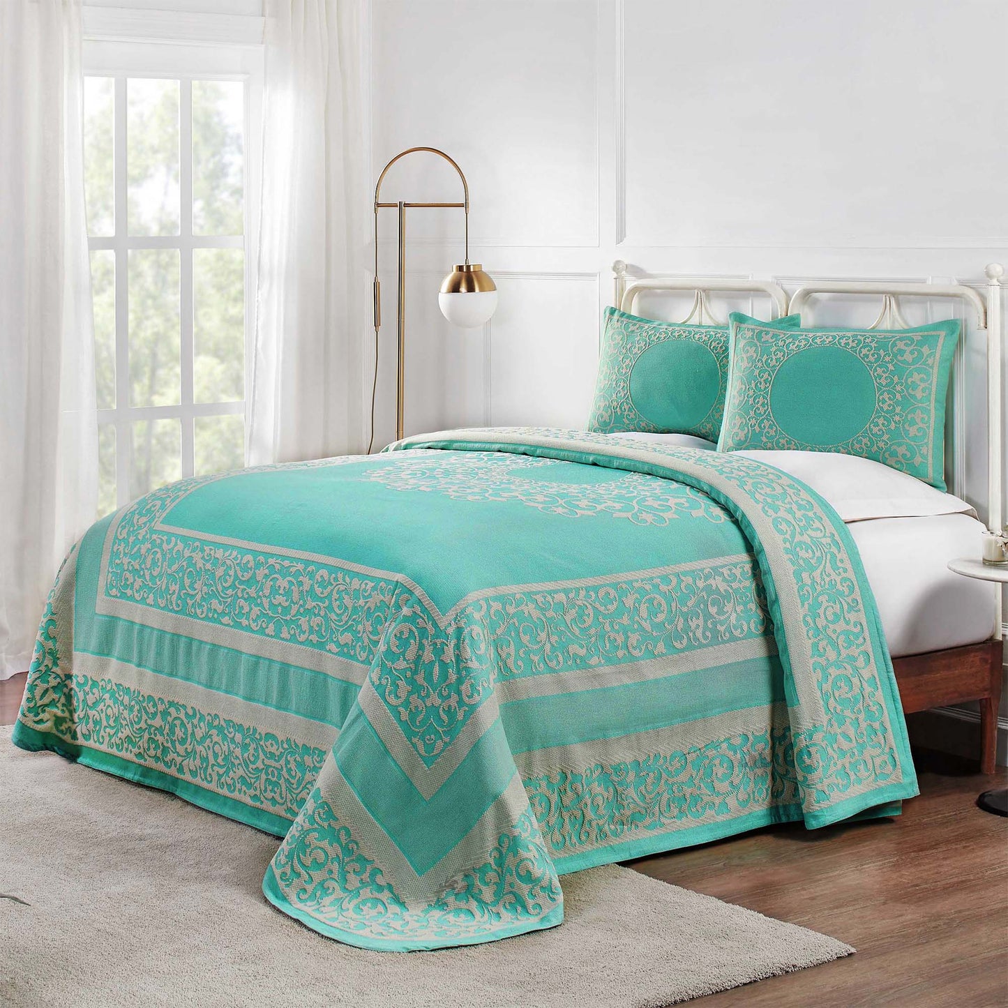 Superior Lyron Cotton Blend Woven Jacquard Vintage Floral Scroll Lightweight Bedspread and Sham Set - Turquoise