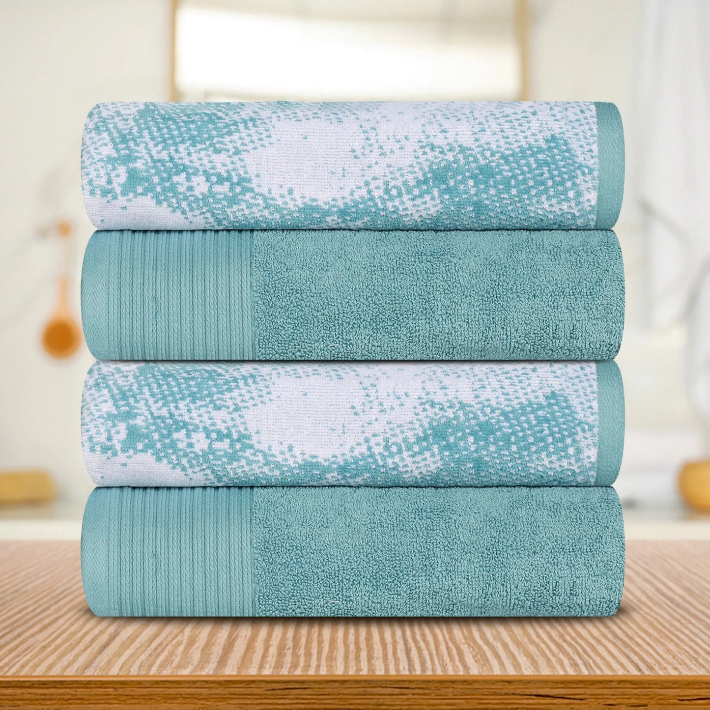 Cotton Marble Solid Jacquard Border Bath Towels Set of 4